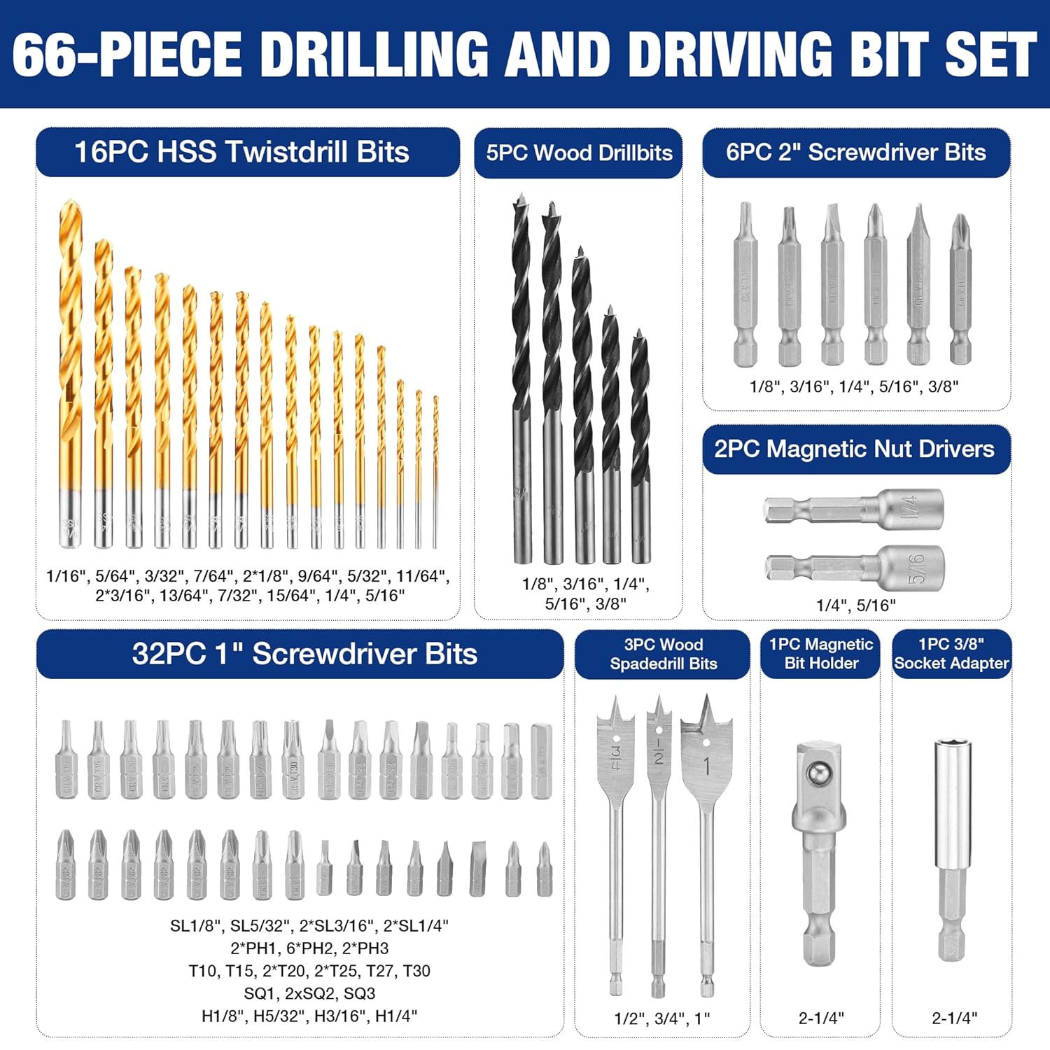 66-piece drilling and driving bit assortment with various drill bits and screwdriver bits
