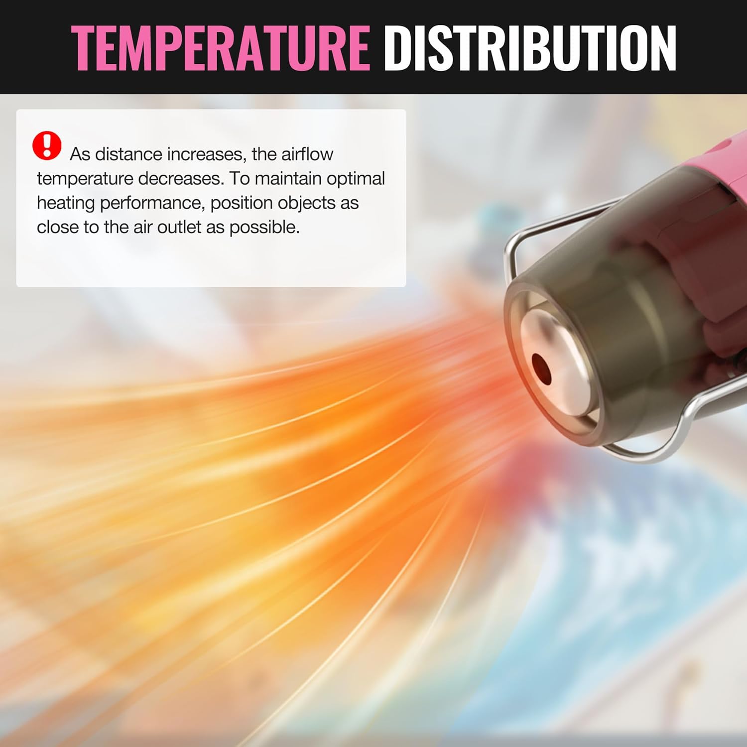 Pink mini heat gun with reflector nozzle and airflow streams coming from the tip