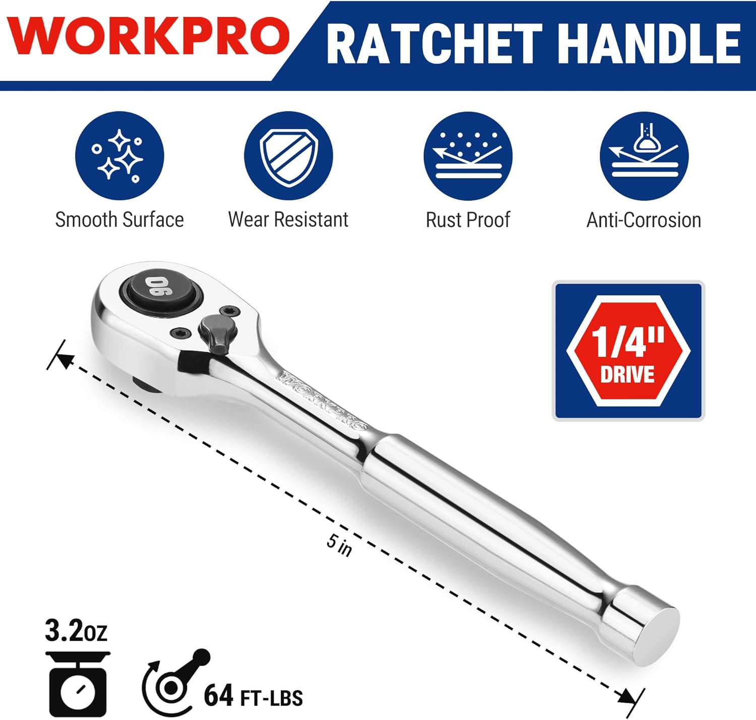 WORKPRO 1/4 in low-profile ratchet wrench, polished chrome drive head, 90-tooth.