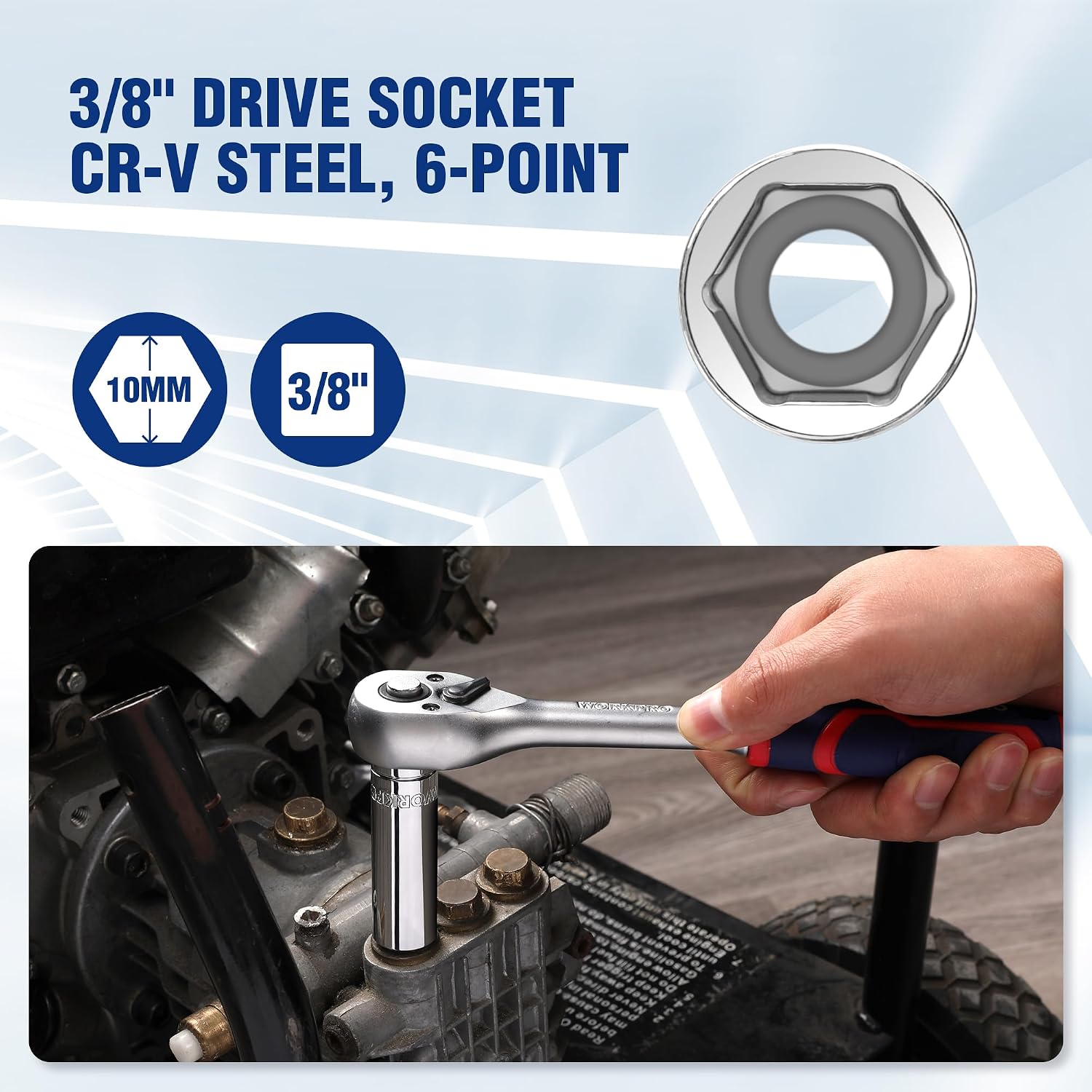 WORKPRO 3/8 in drive deep 6-point socket bottle opener with key ring