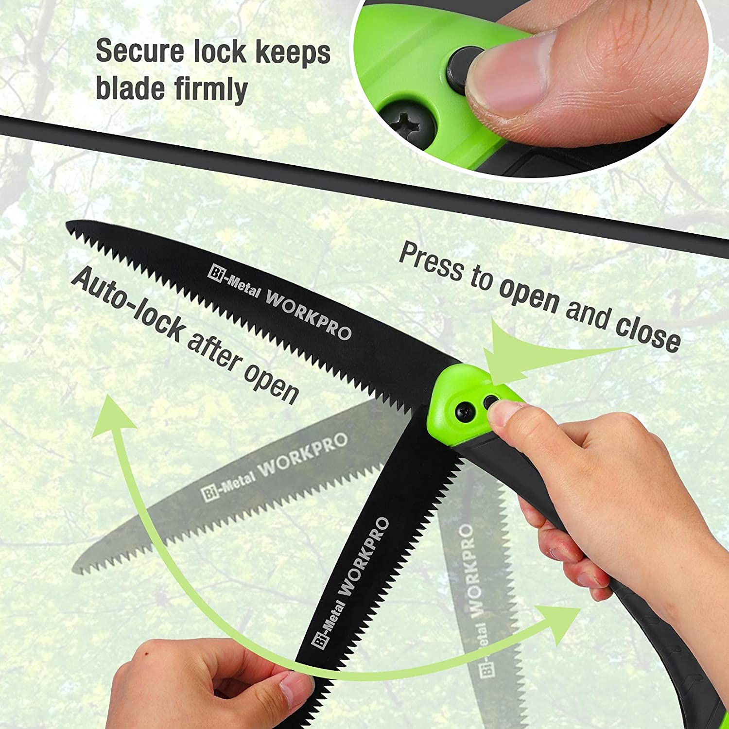 Folding pruning saw with black bi-metal blade and green auto-lock handle