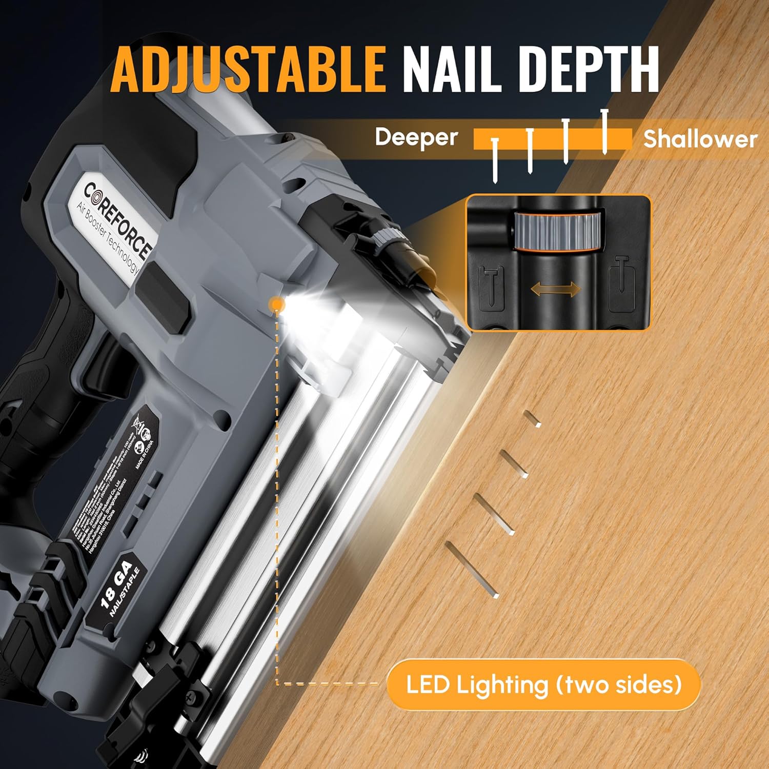 Cordless brad nailer with adjustable depth and two-sided LED lighting, gray body