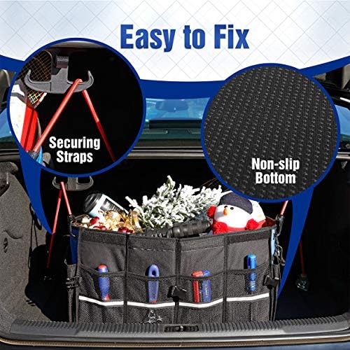 Car trunk organizer with lid, non-slip bottom and securing straps inside.