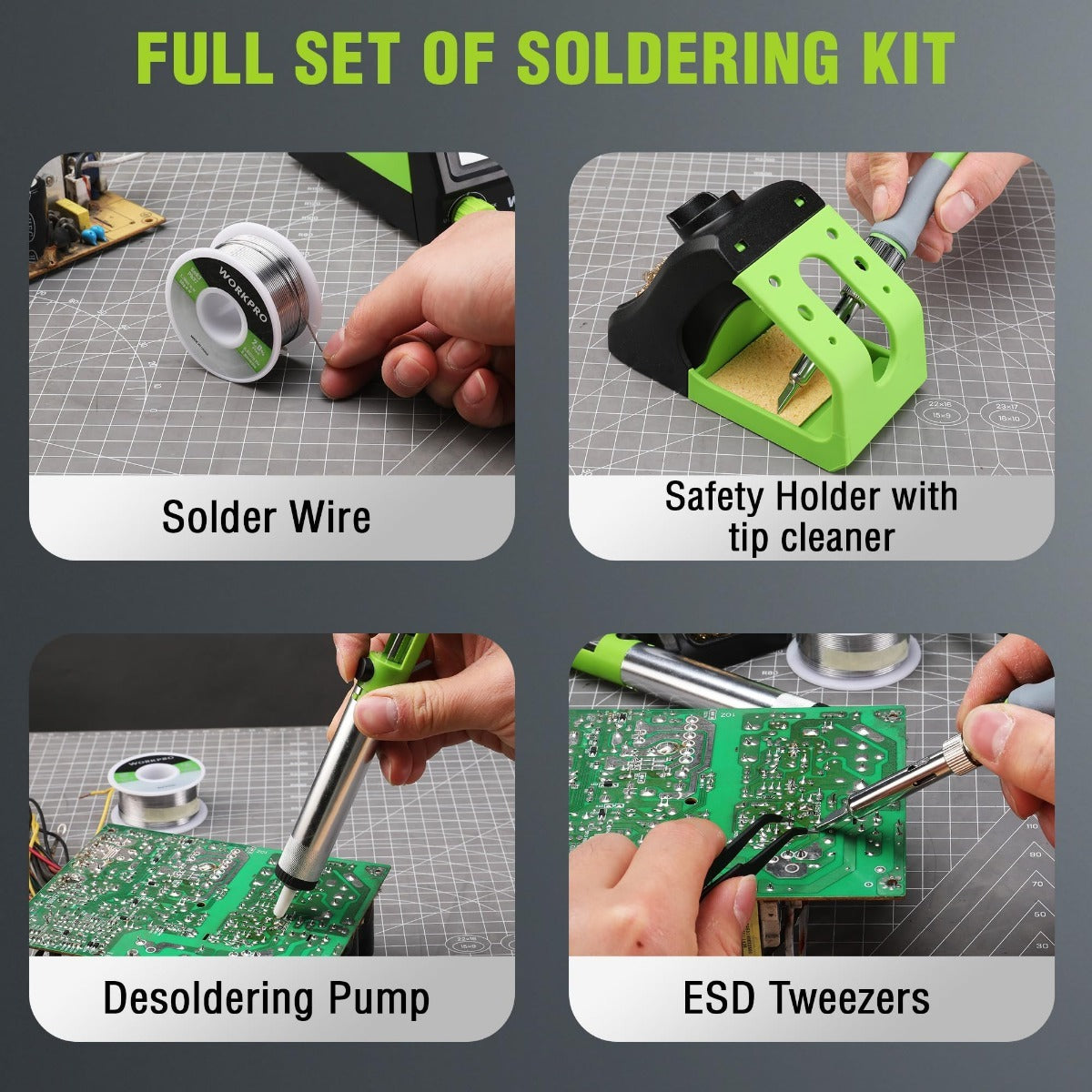 Soldering kit contents: solder wire spool, safety holder with tip cleaner, pump, and ESD tweezers