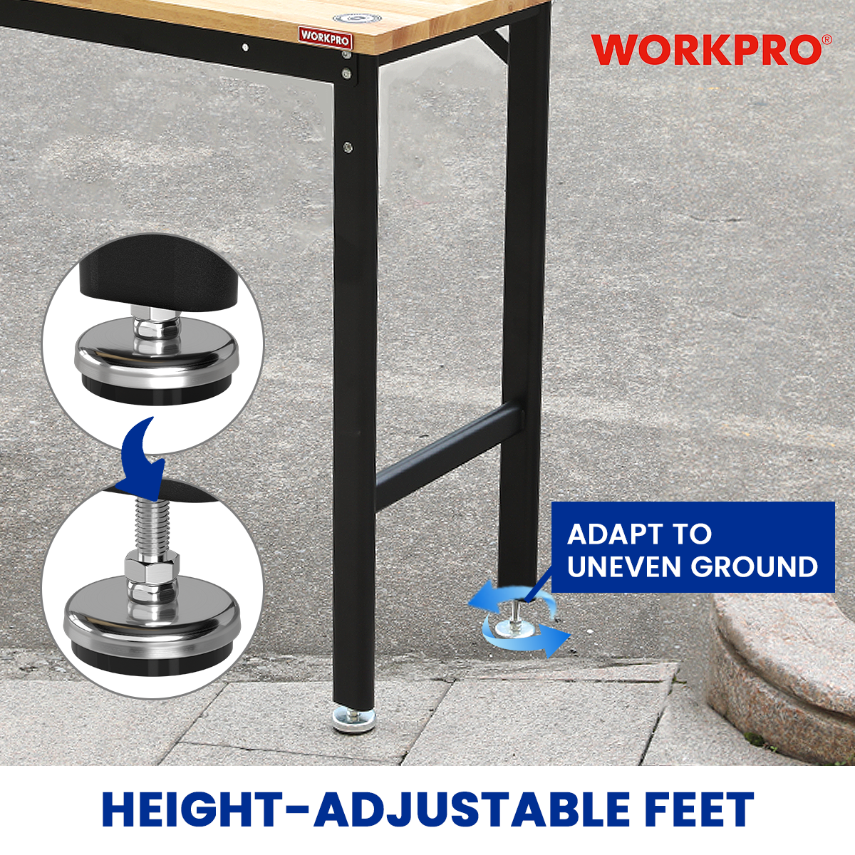 Height-adjustable workbench foot with rubber base for uneven ground