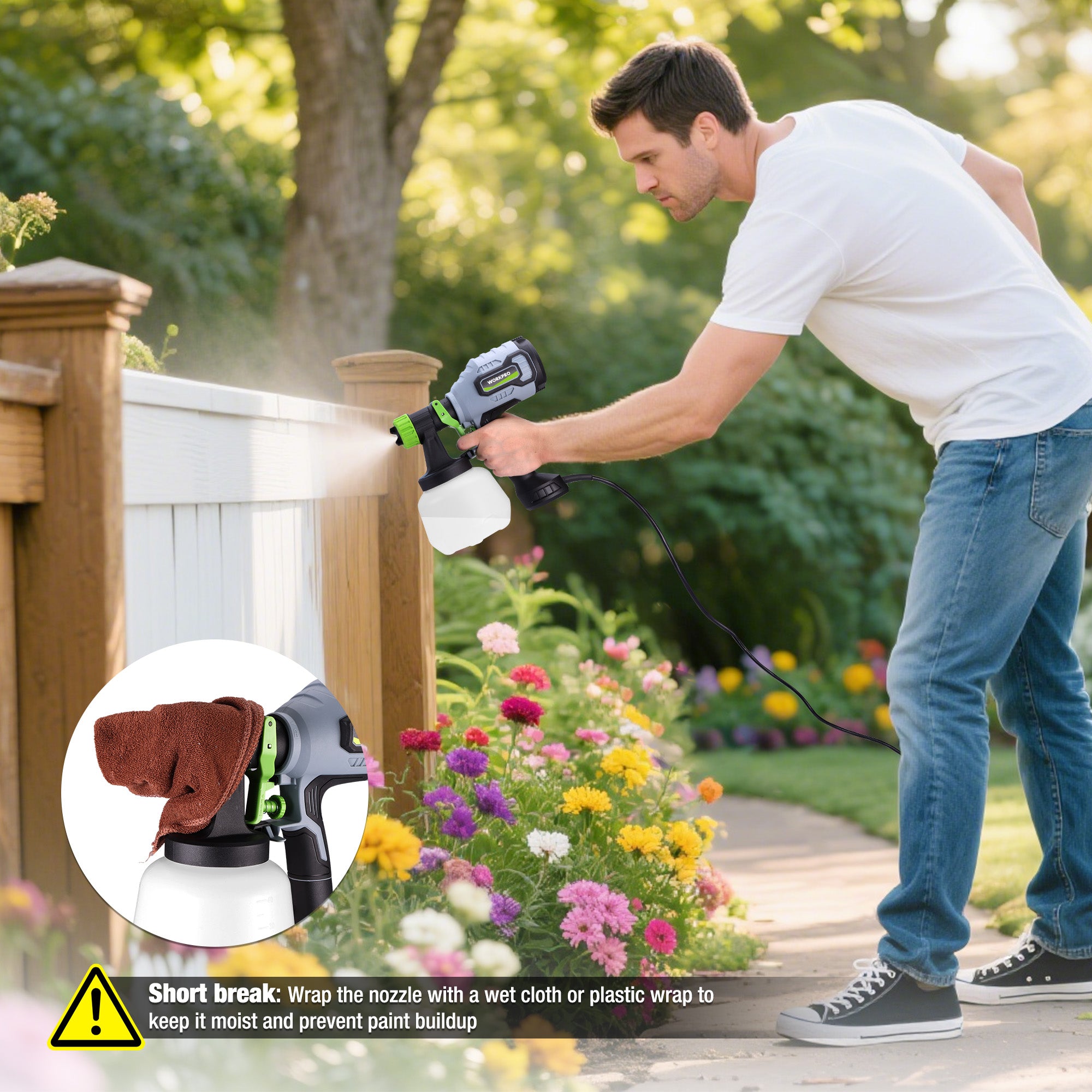 Man using HVLP paint sprayer on fence and flowers with a close-up nozzle warning inset