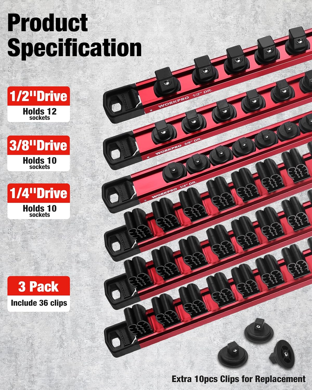 Magnetic socket organizer rails set with red bars and black magnetic clips