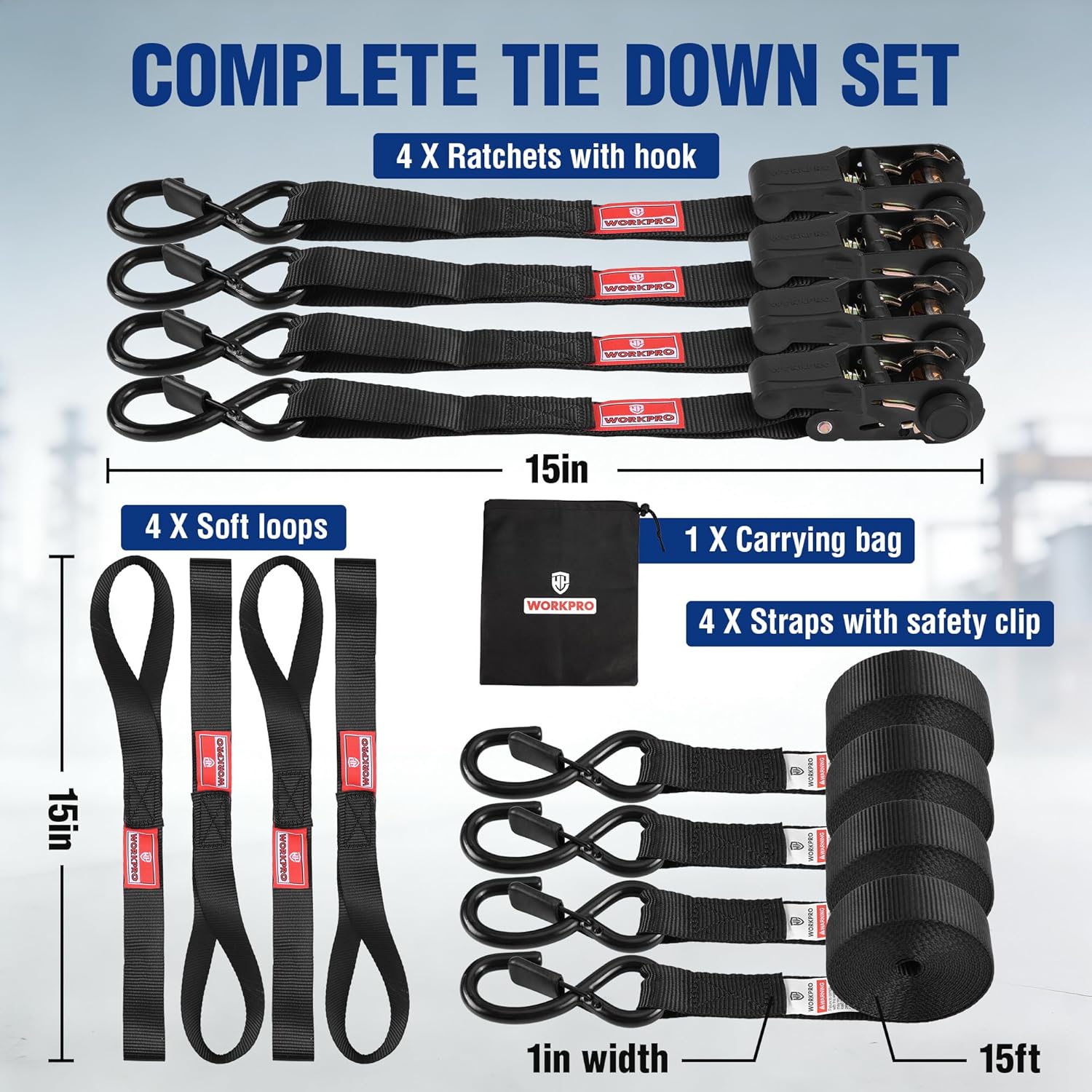 Set of black ratchet tie-down straps with soft loops and hooks, plus carrying bag