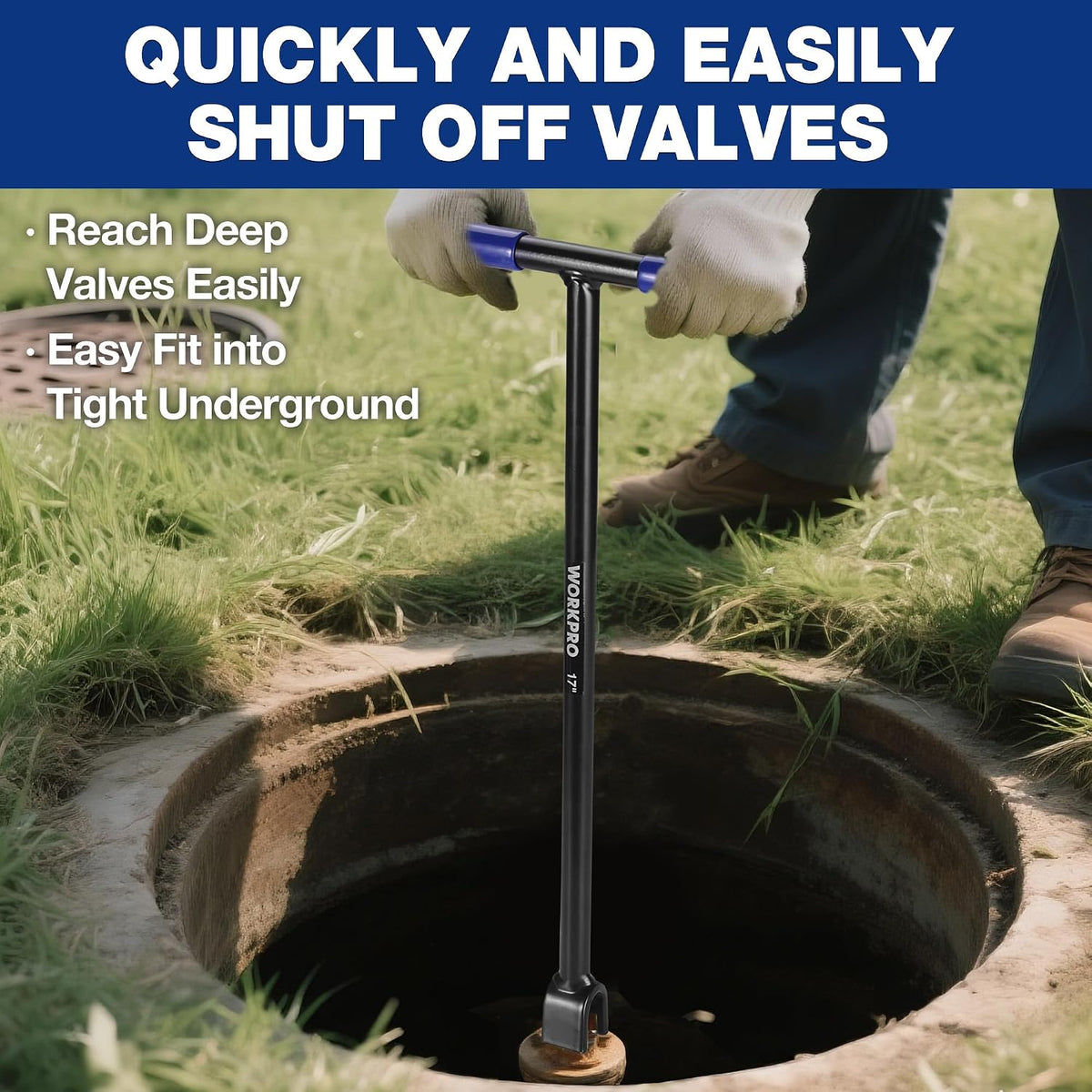 Long-handled water meter key for deep underground valves, blue T-handle in use