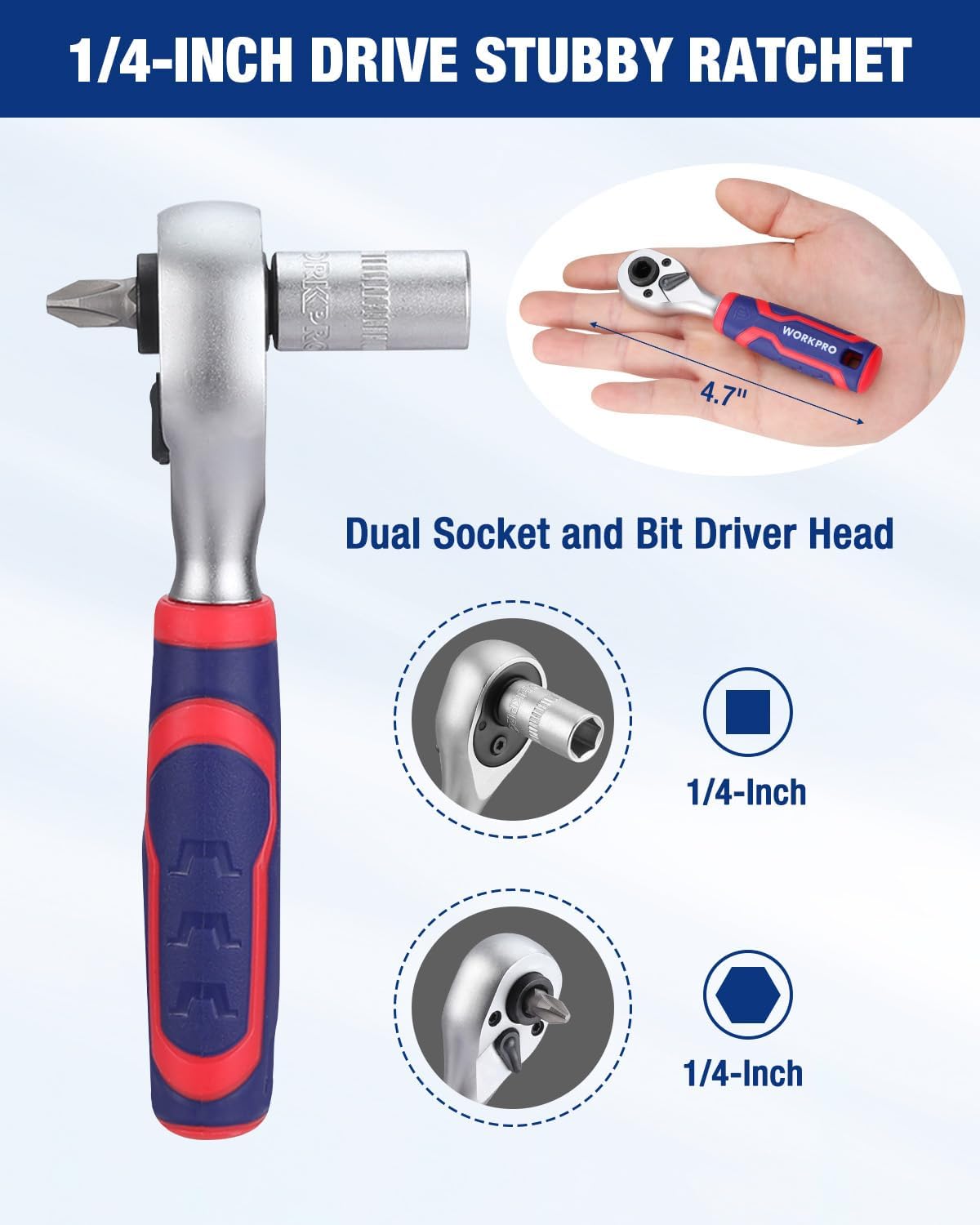 1/4-inch drive stubby dual-socket ratchet with red-and-blue handle