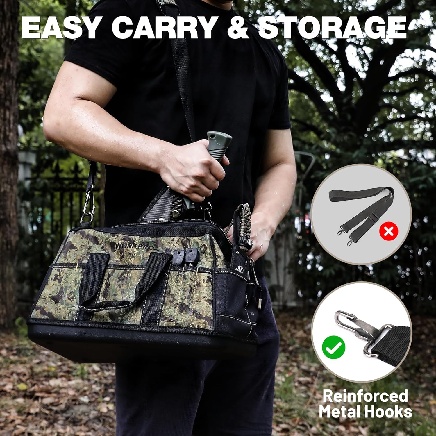 Camouflage tool bag with reinforced metal hooks and adjustable shoulder strap for carrying