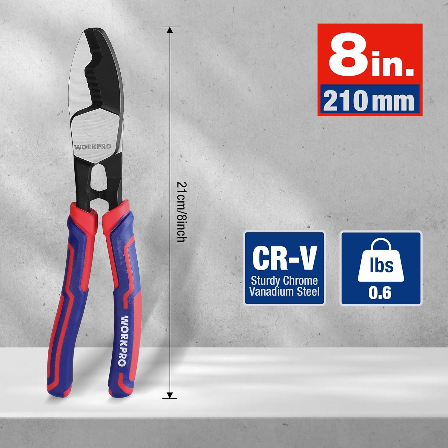 8 in cable cutter with twin cutting edges, red/blue anti-slip grips, black head.