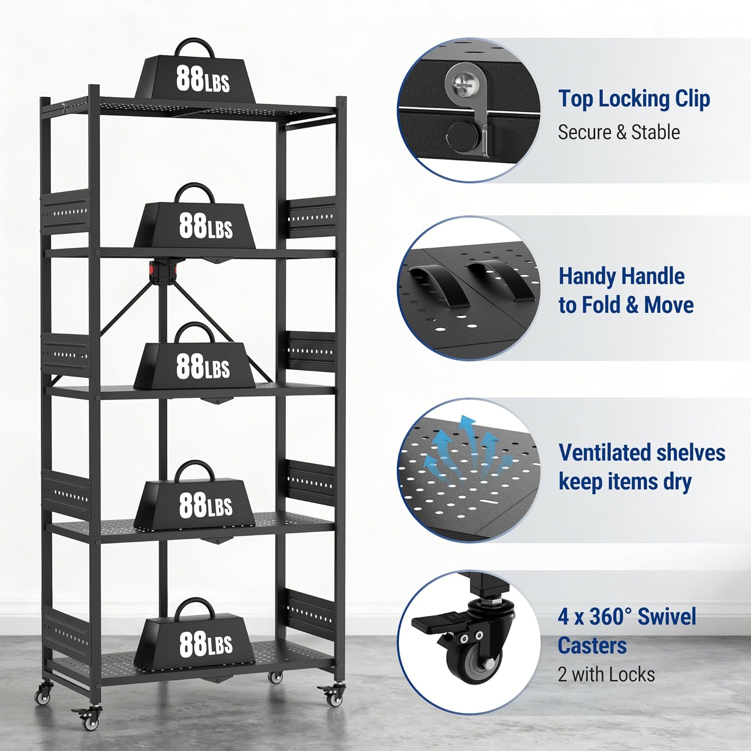 Black metal folding shelf rack detail with top locking clips, handle, and 4 swivel casters