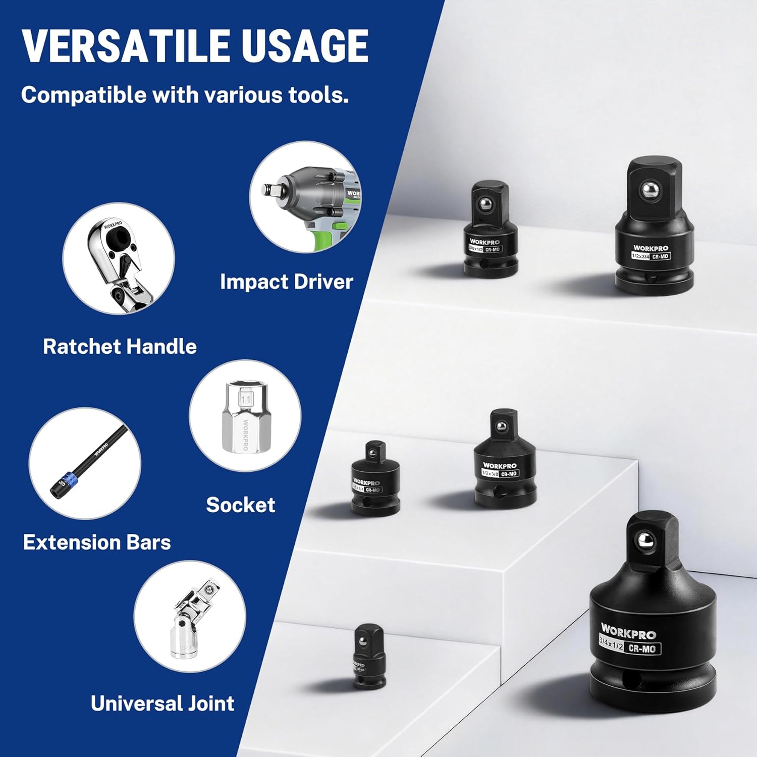 Impact socket adapter set for use with impact driver, ratchet handle, extension bars, and universal joint
