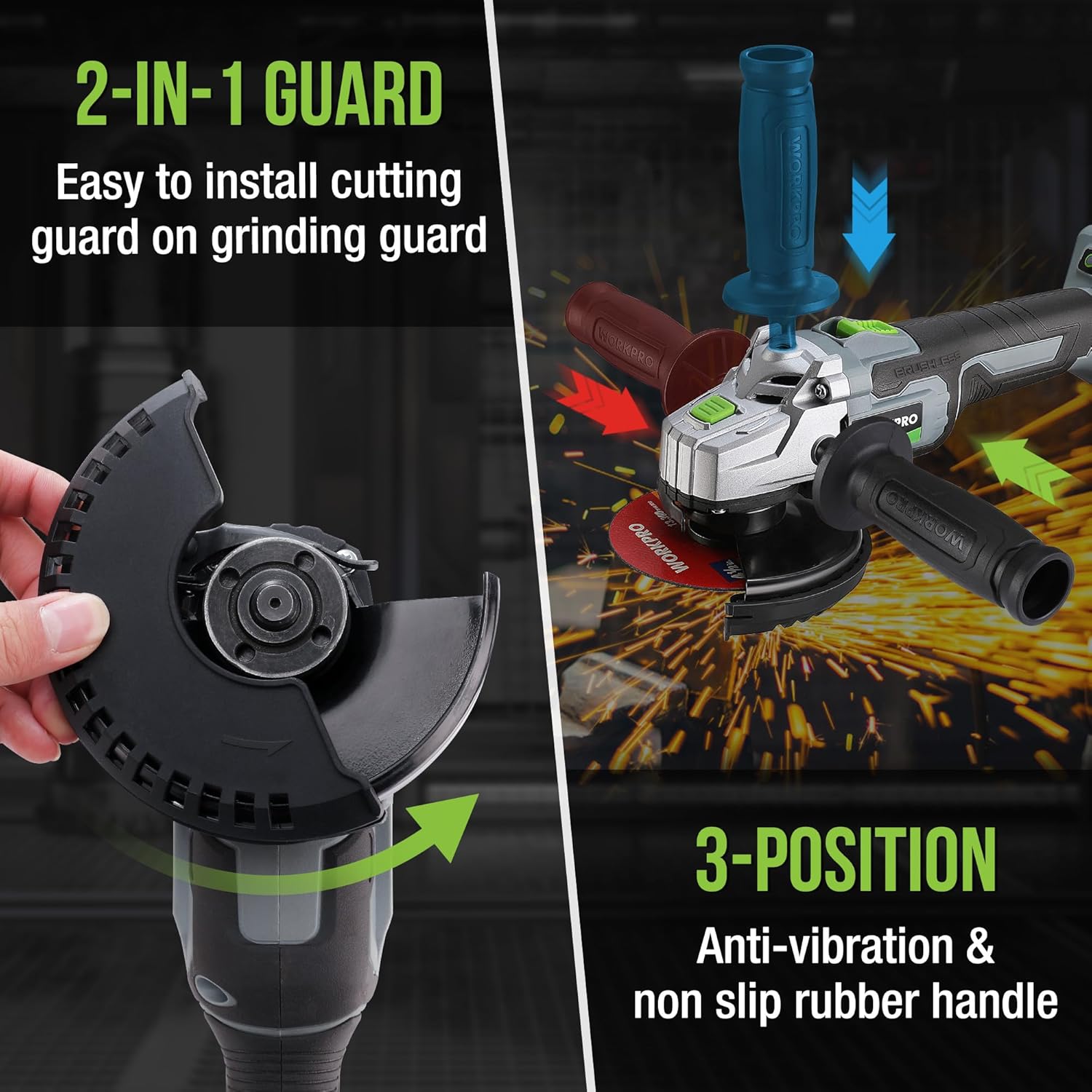 WORKPRO cordless angle grinder with mounted wheel guard and 3-position anti-vibration handle