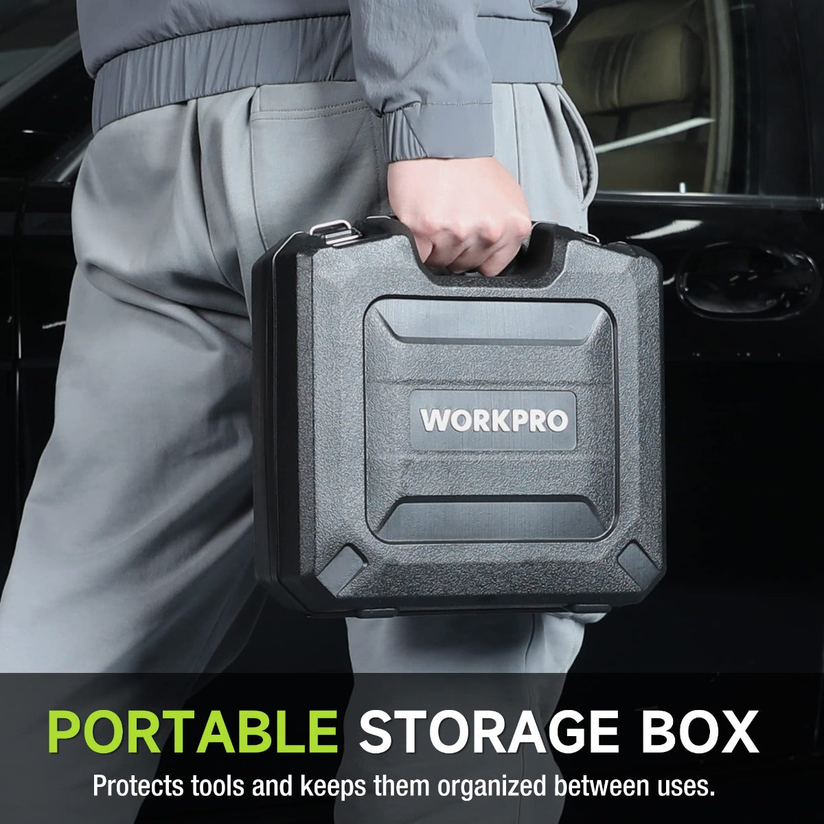 Portable tool storage case with WORKPRO branding, held in a hand