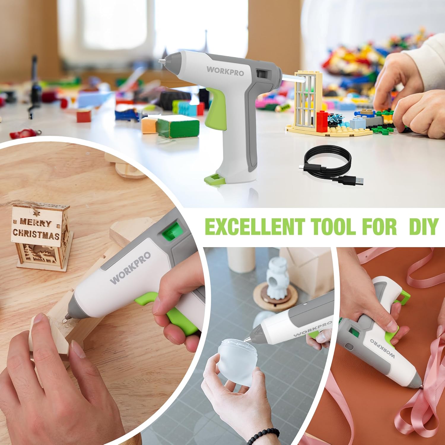 Cordless hot glue gun with green trigger and charging cord, with mini clear glue sticks