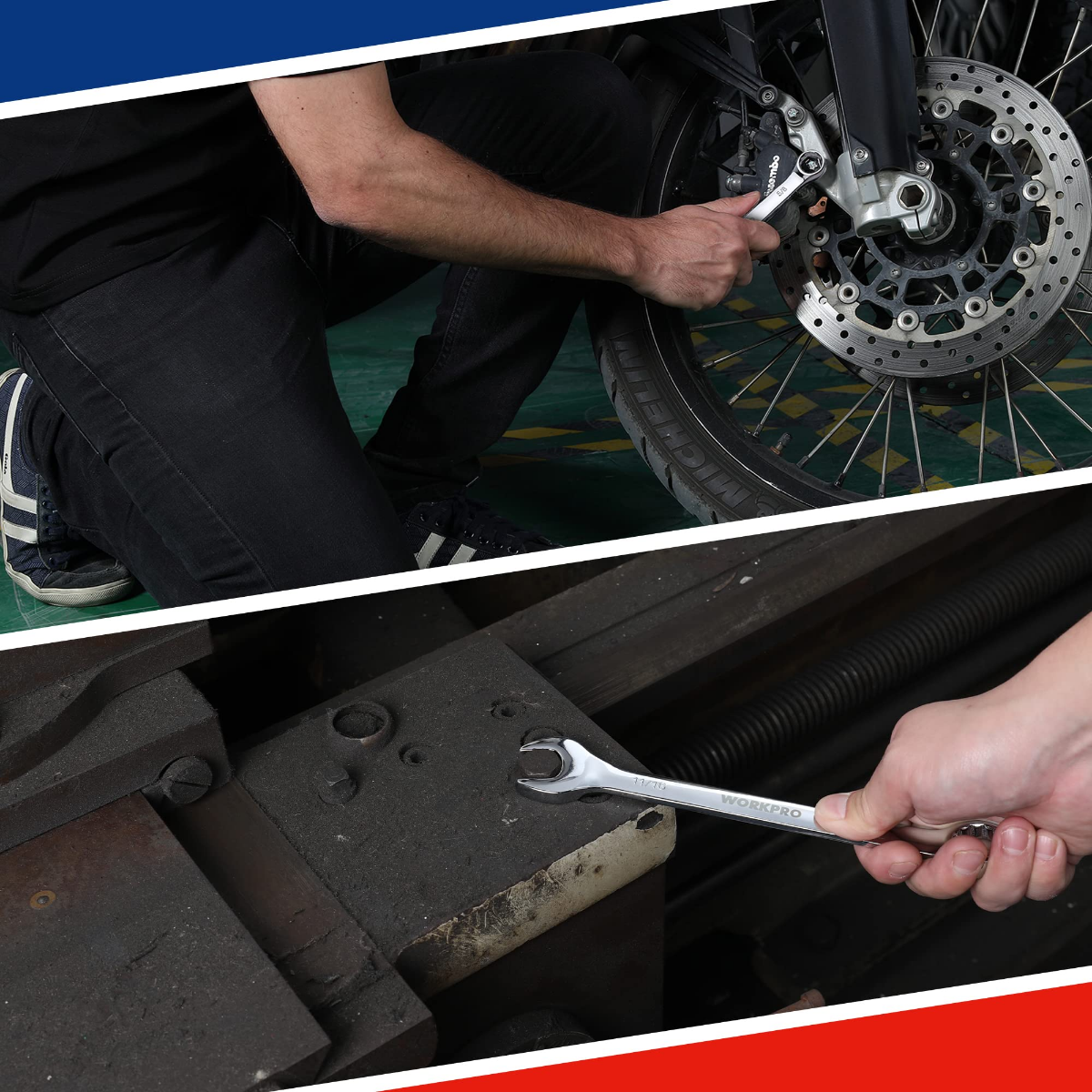 Chrome 12-point combination wrench being used on a motorcycle brake rotor