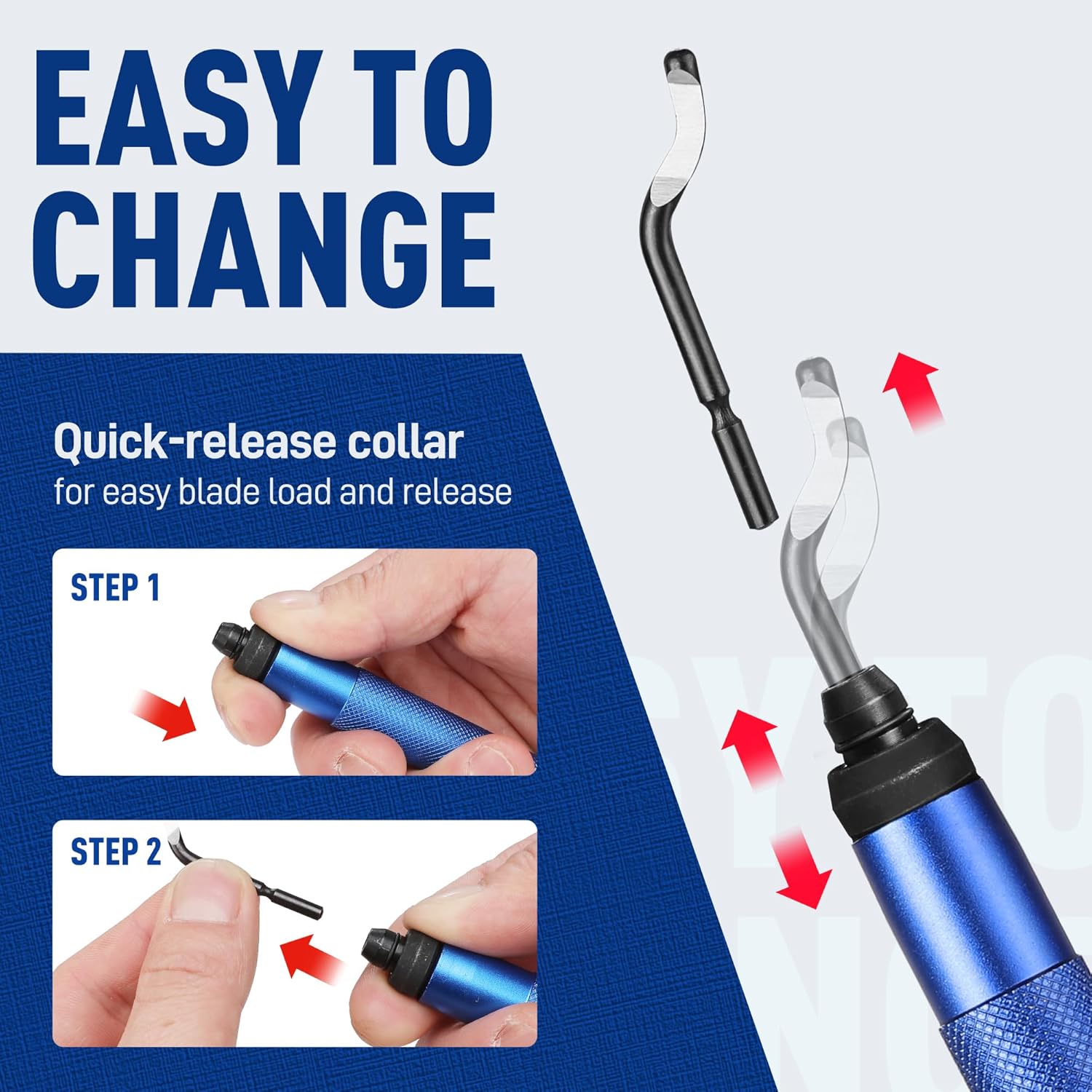 Blue rotary deburring tool with quick-release collar for easy blade change