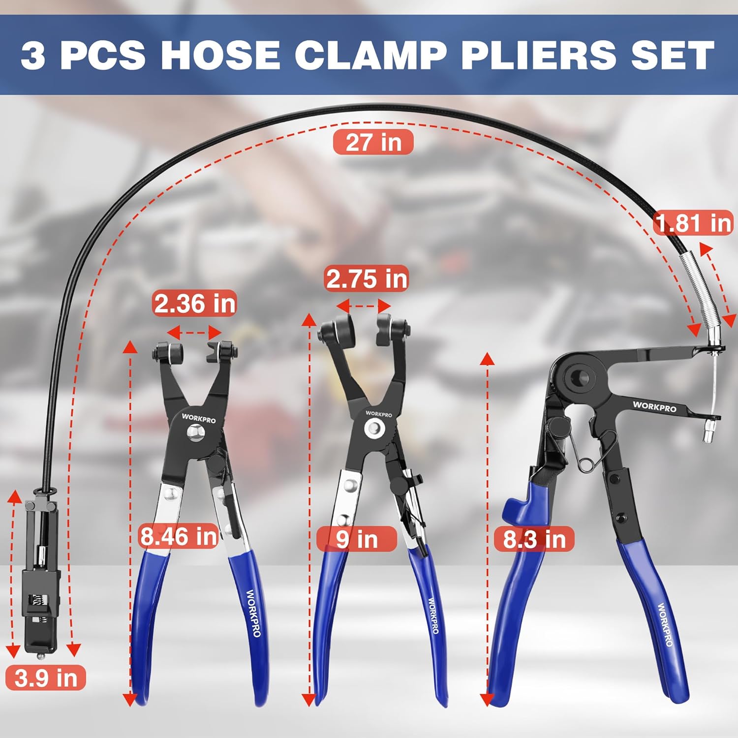 Three hose clamp pliers with blue handles and long reach jaws, in a set
