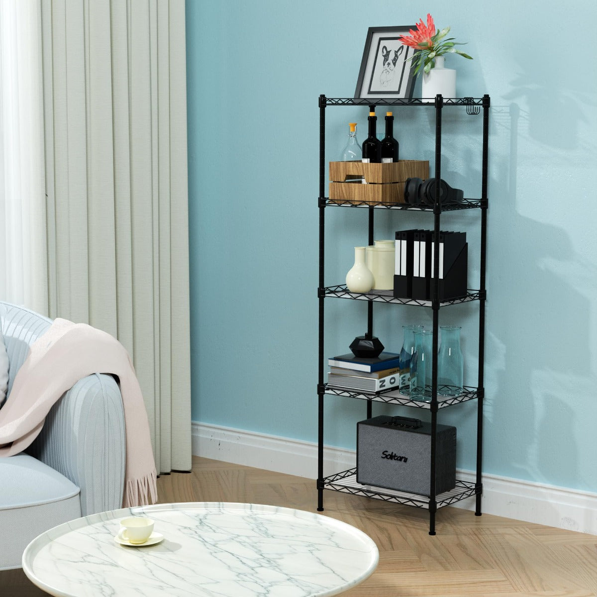 Black 5-tier metal storage shelving unit with wire shelves and frame rails