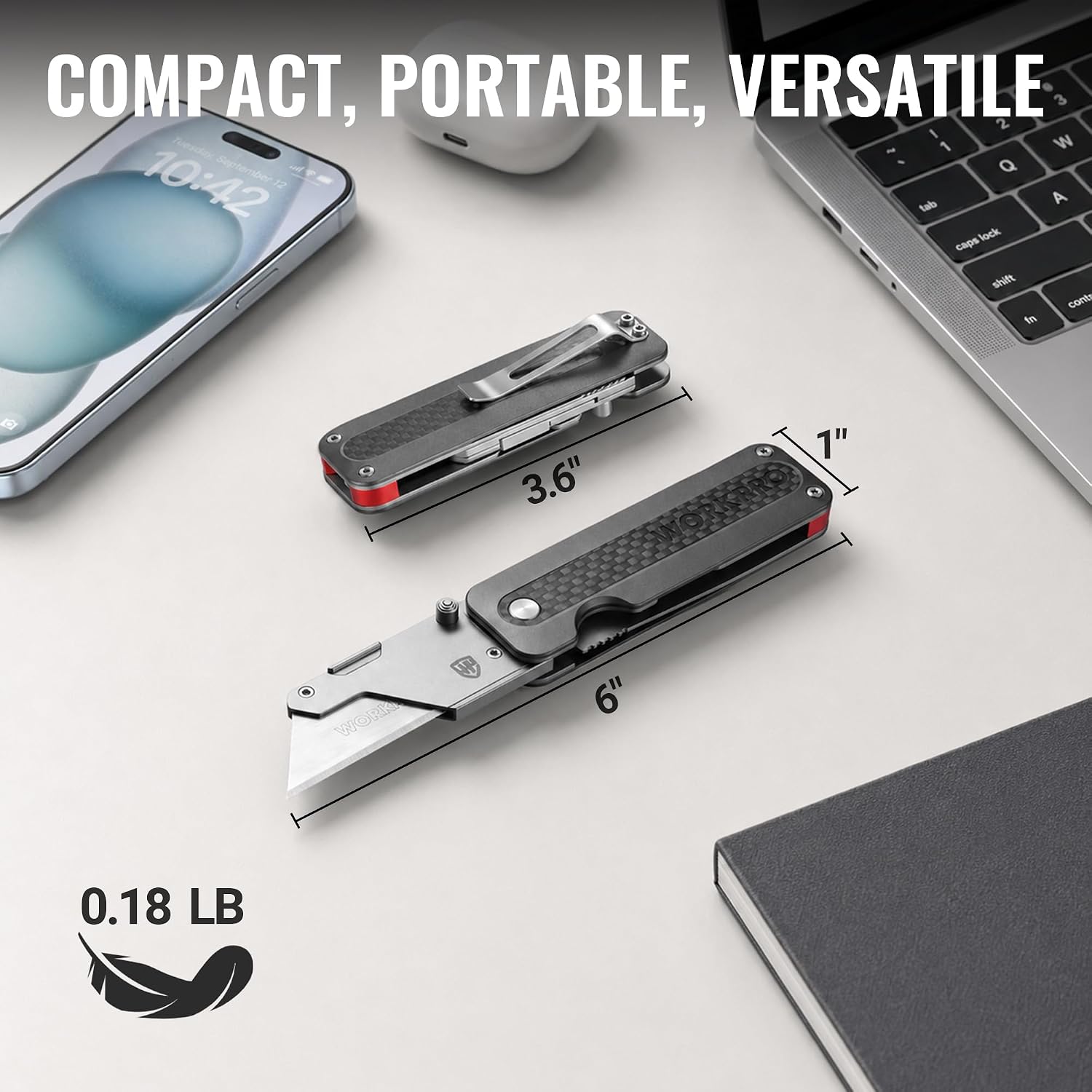 WORKPRO Utility Knife, CNC Unibody, Aluminium Handle Carbon Fiber Inlay