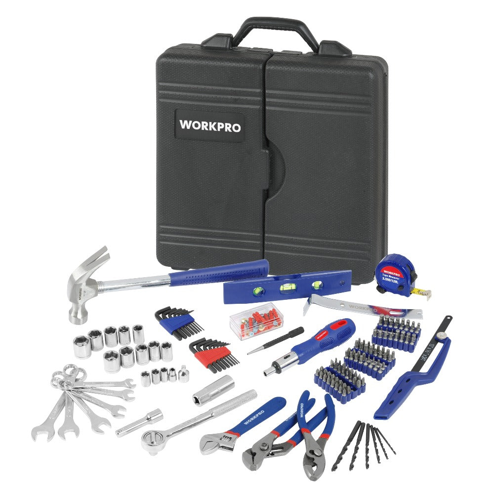 201-piece tool set with blue-handled tools and black storage case, assorted pieces