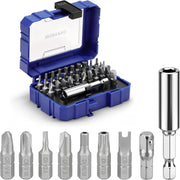 Tamper-proof screwdriver bit set with blue storage case, magnetic bit holder, and mixed bits