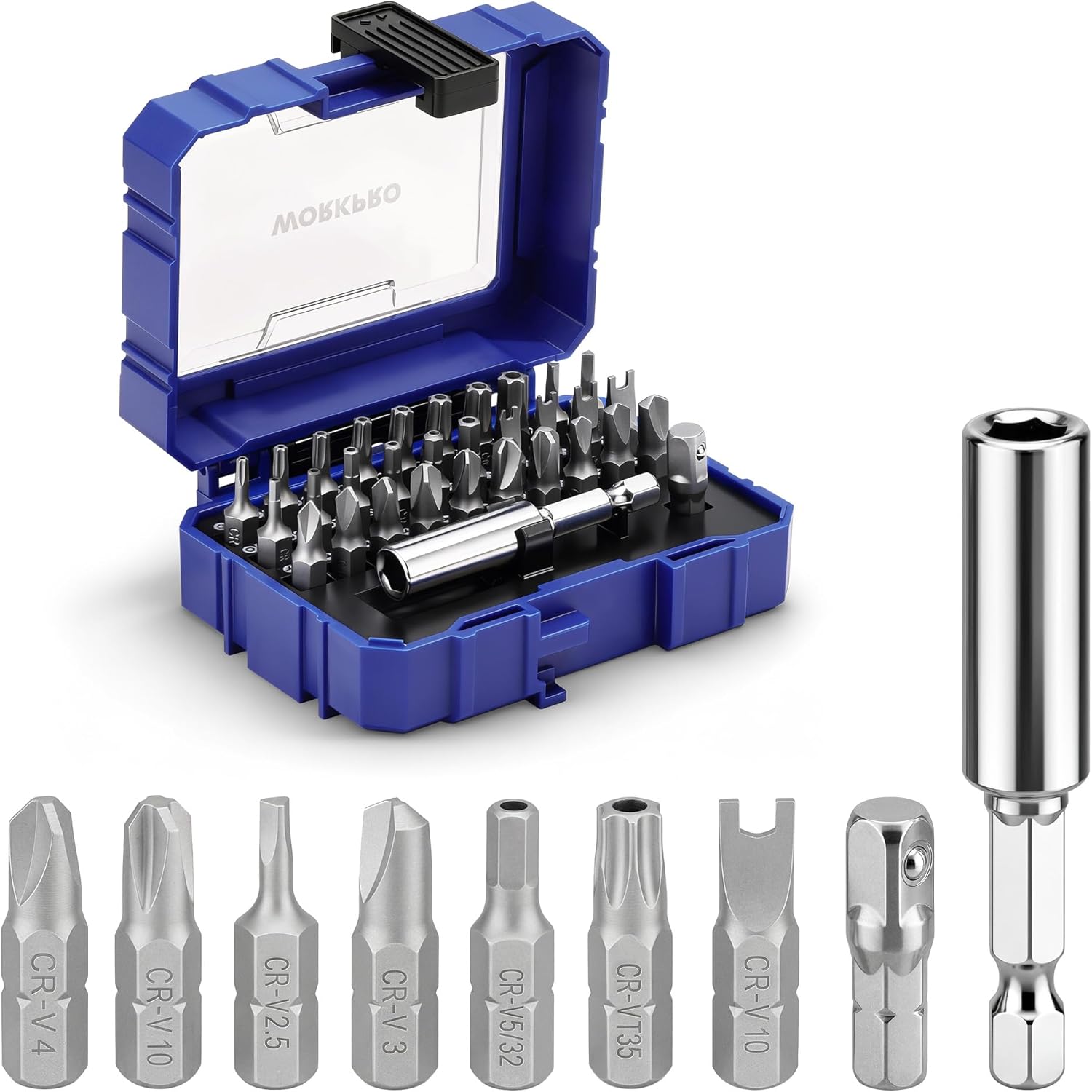 Tamper-proof screwdriver bit set with blue storage case, magnetic bit holder, and mixed bits