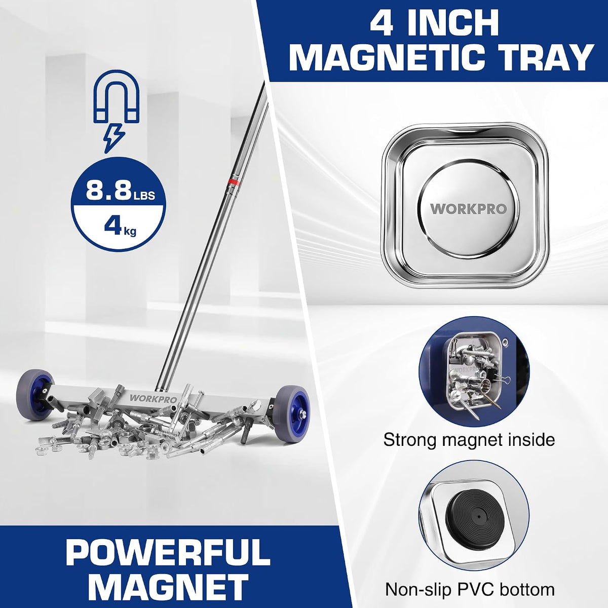 Magnetic sweeper with square tray magnet, steel pole, and blue nonslip wheels