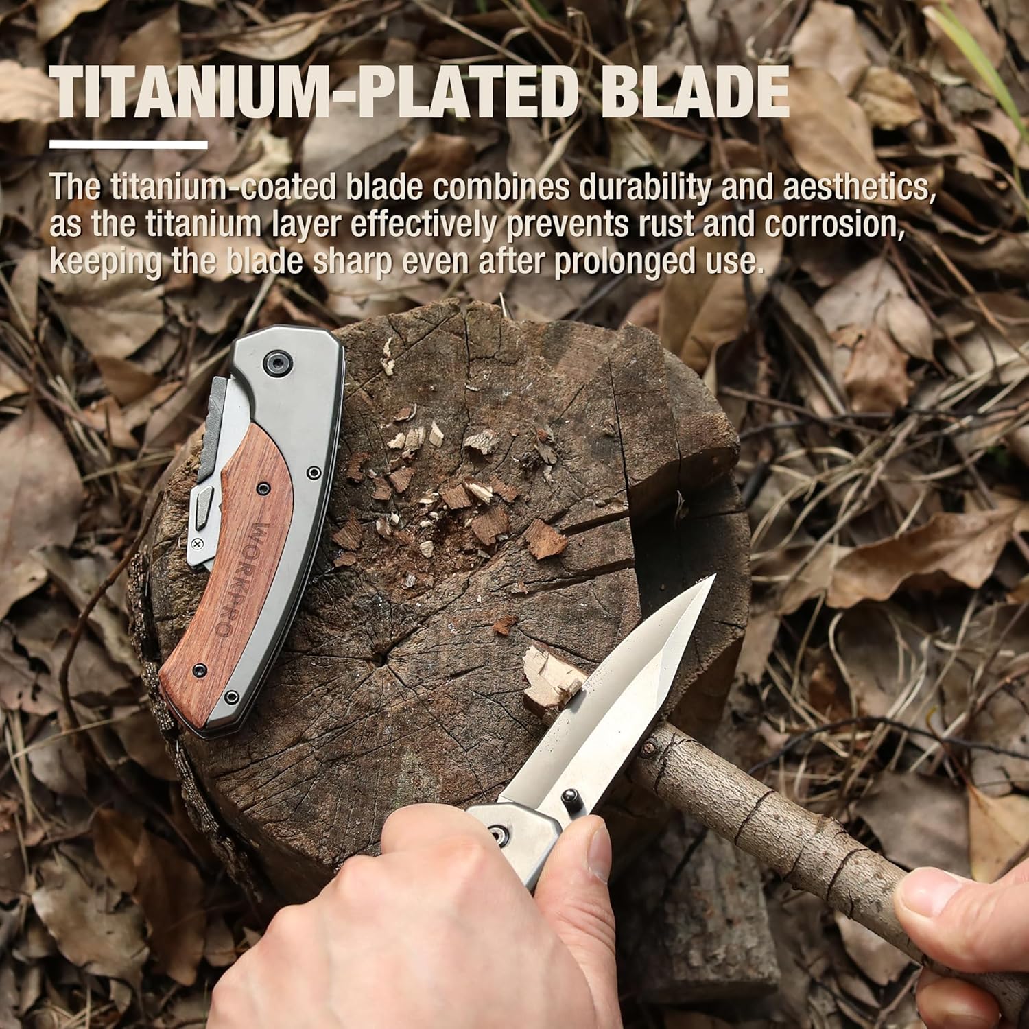 Folding knife with silver blade and rosewood handle on rugged outdoor surface