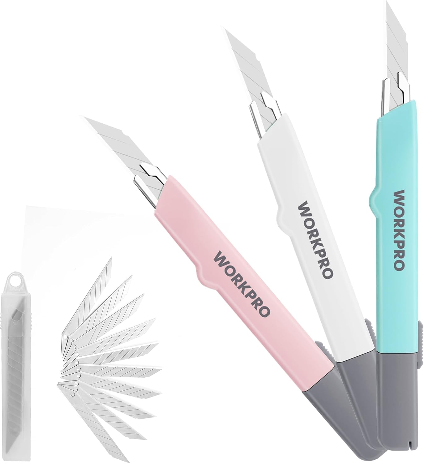 Retractable utility knife blades in holders with pink and mint handles and gray base