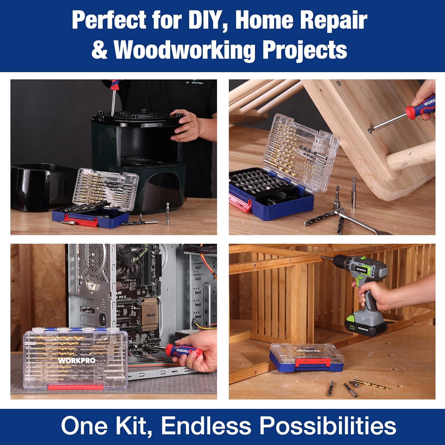 Storage case with assorted drill and screwdriver bits for DIY projects