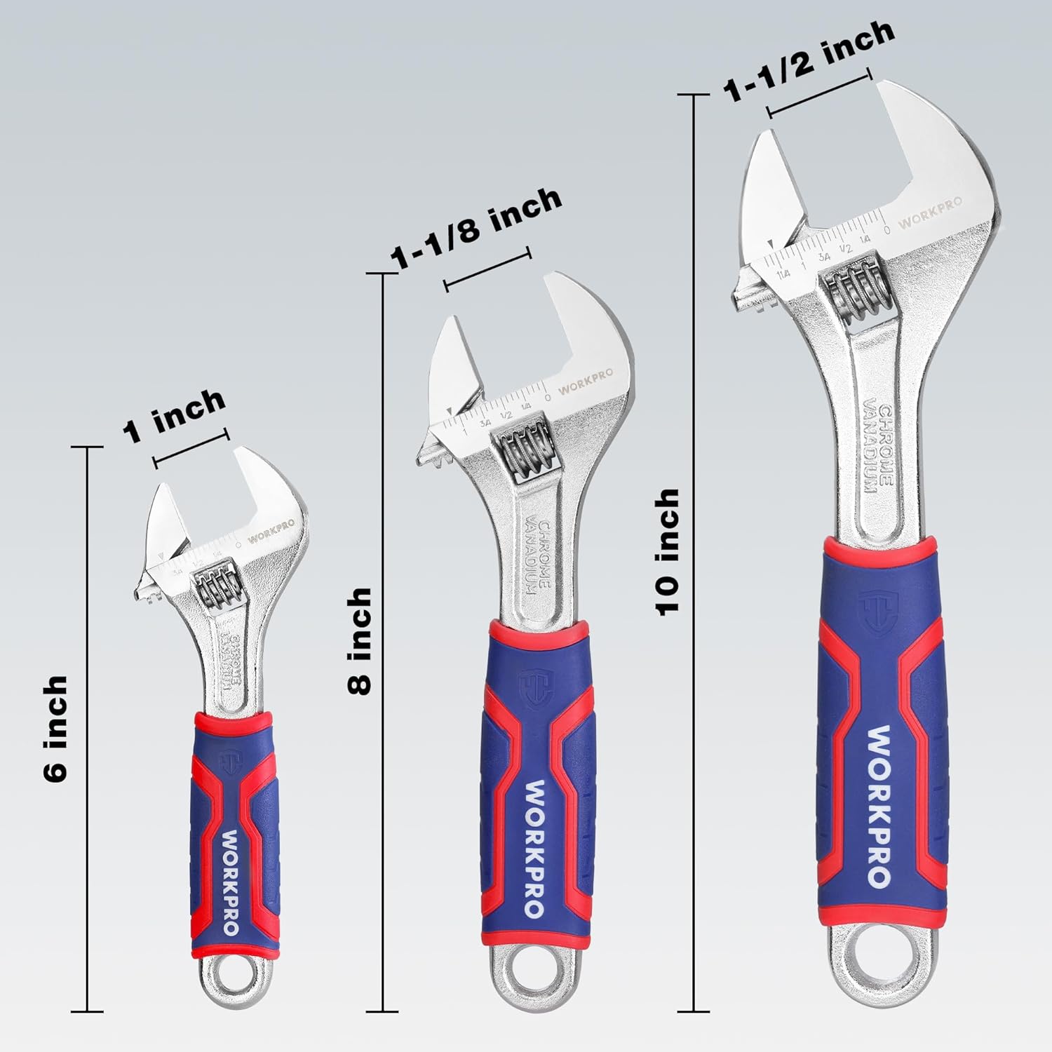 Set of three chrome adjustable wrenches with blue/red rubberized grips and hang holes