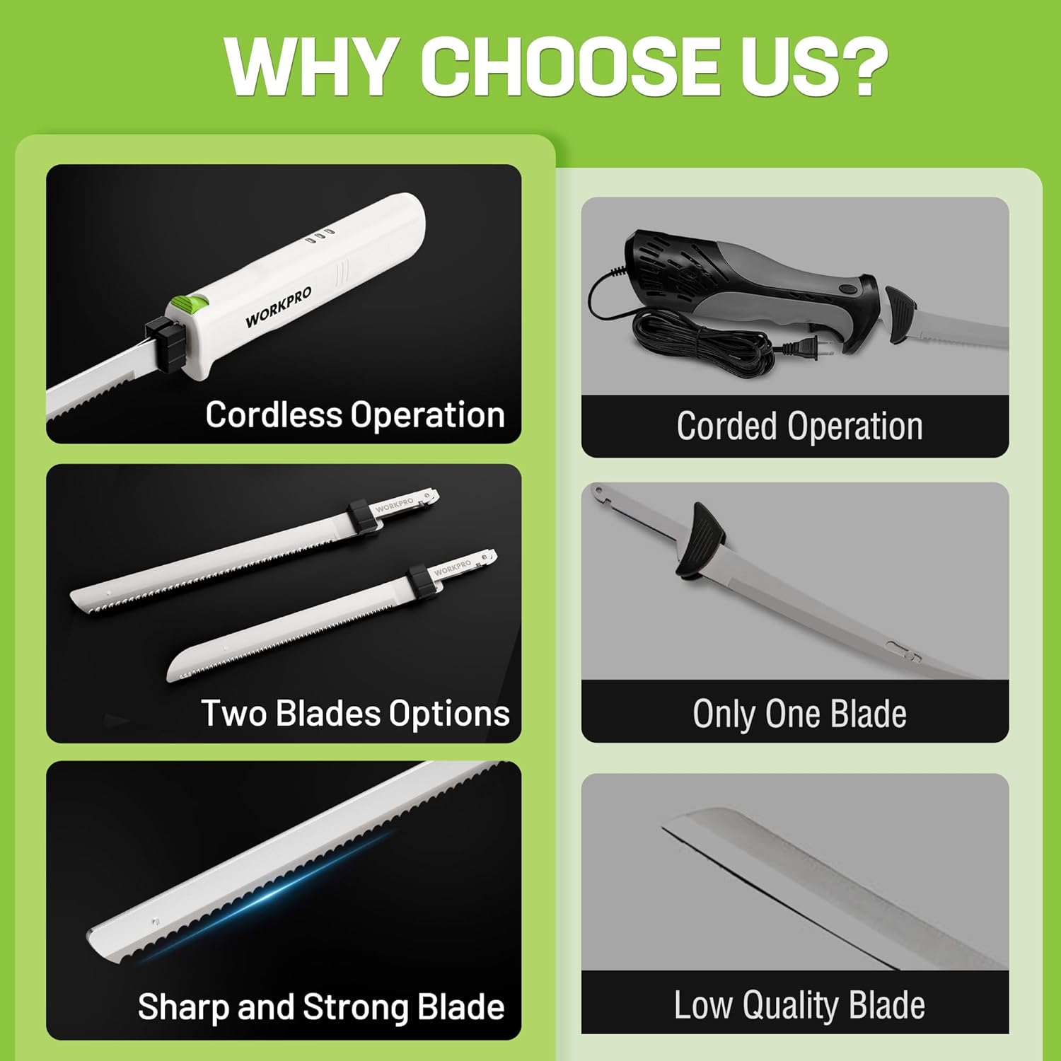 White cordless electric carving knife showing two blade options and serrated edge