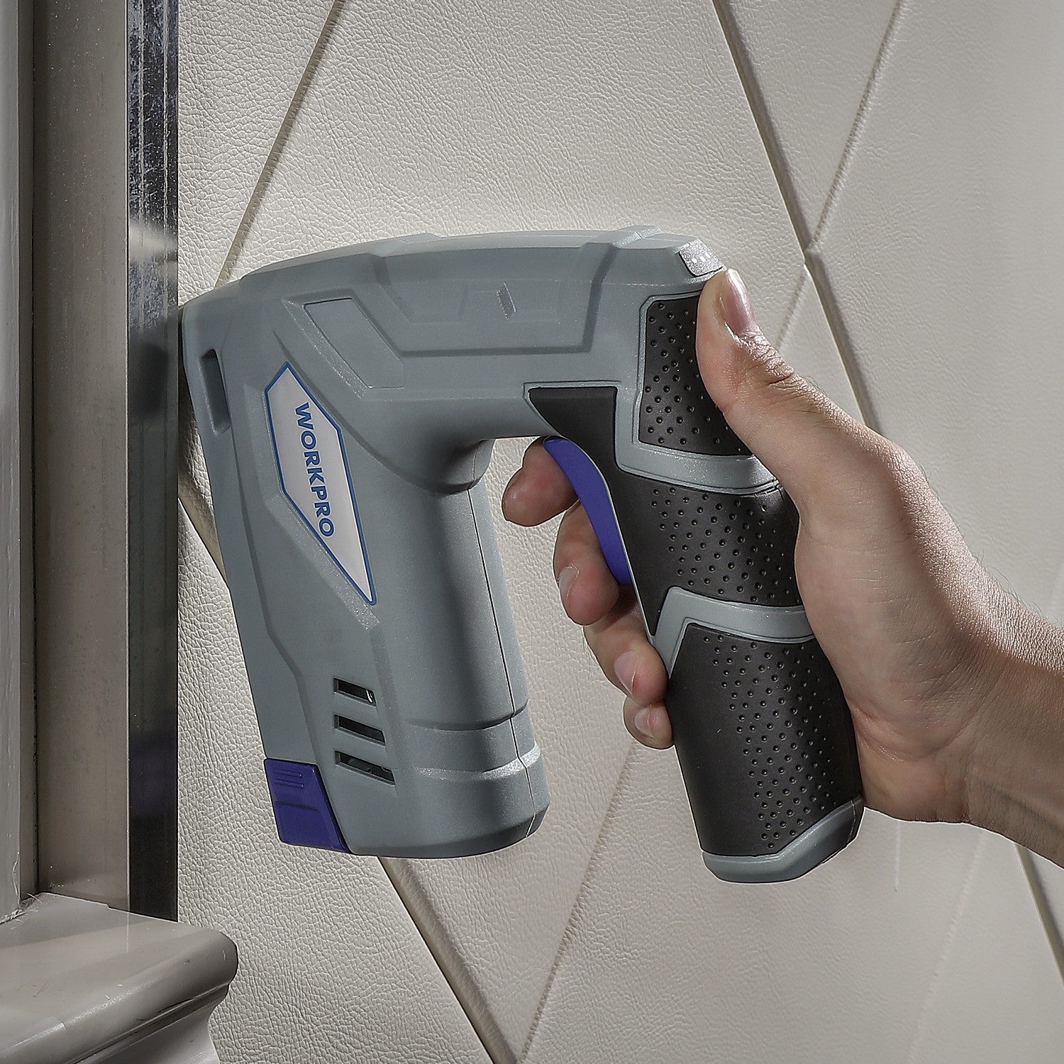 WORKPRO 3.6V electric staple nail gun in gray and blue with secure grip, innovation and durable quality