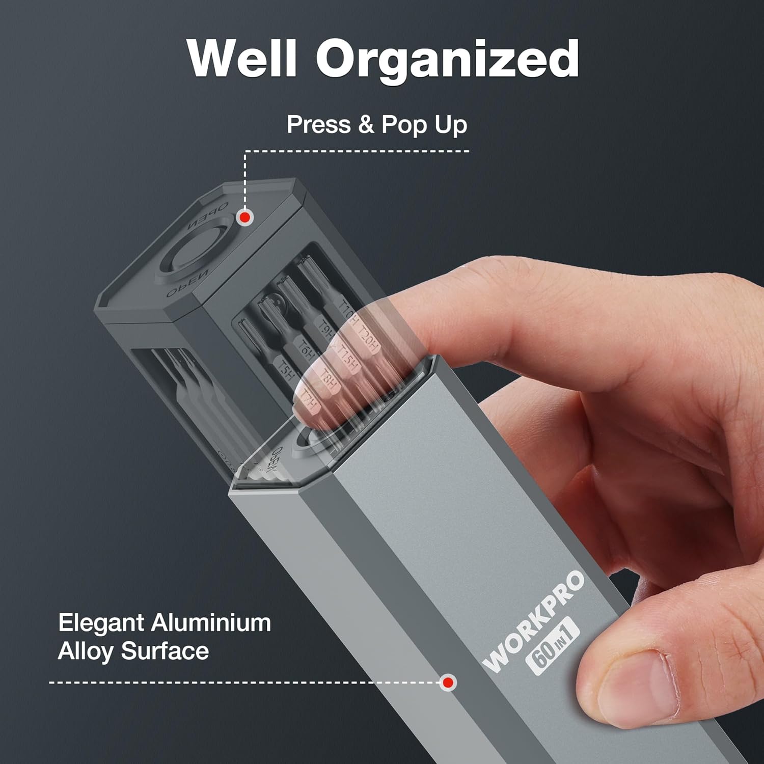 WORKPRO 60-in-1 pop-up magnetic case with organized bit holders and hand pressing