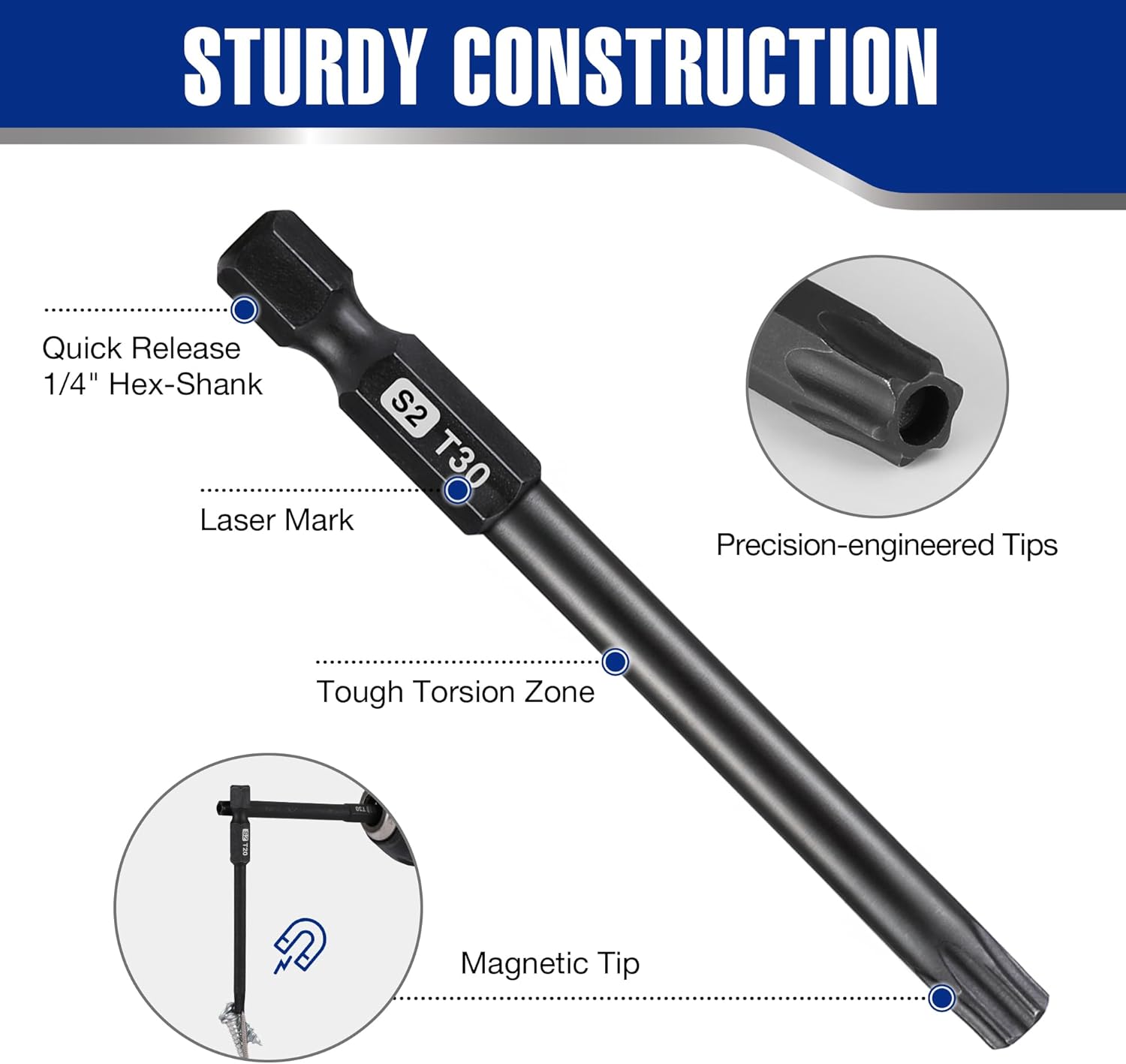Tamper-resistant Torx bit with magnetic tip and 1/4-inch hex shank