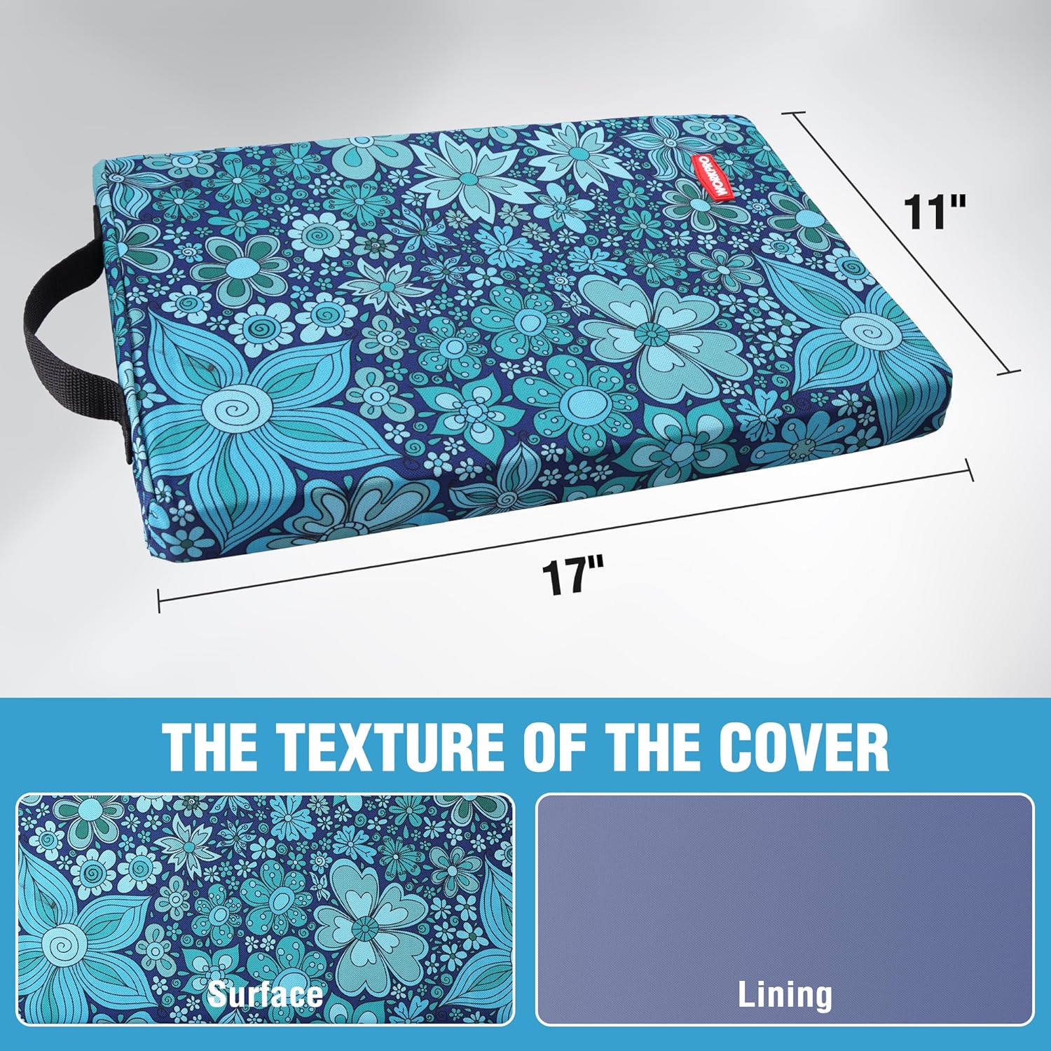 Blue floral kneeling pad with carry handle, rectangular cushion cover