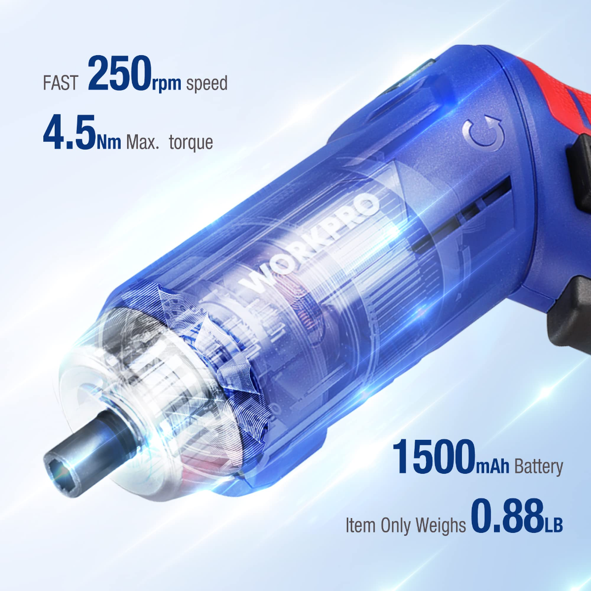 WORKPRO cordless screwdriver, blue tool body with clear bit holder and silver chuck