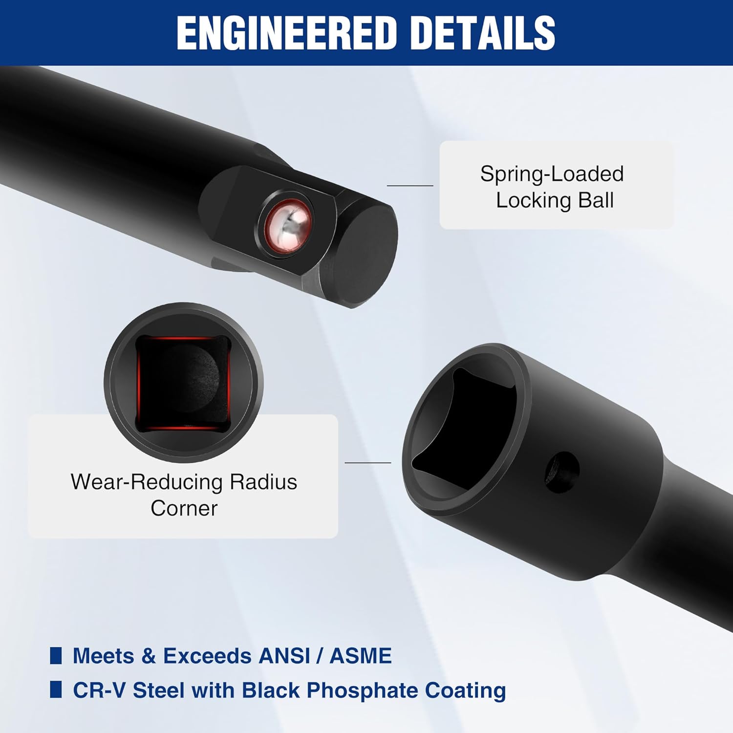 Black 1/2-in drive extension bar with spring-loaded locking ball socket end