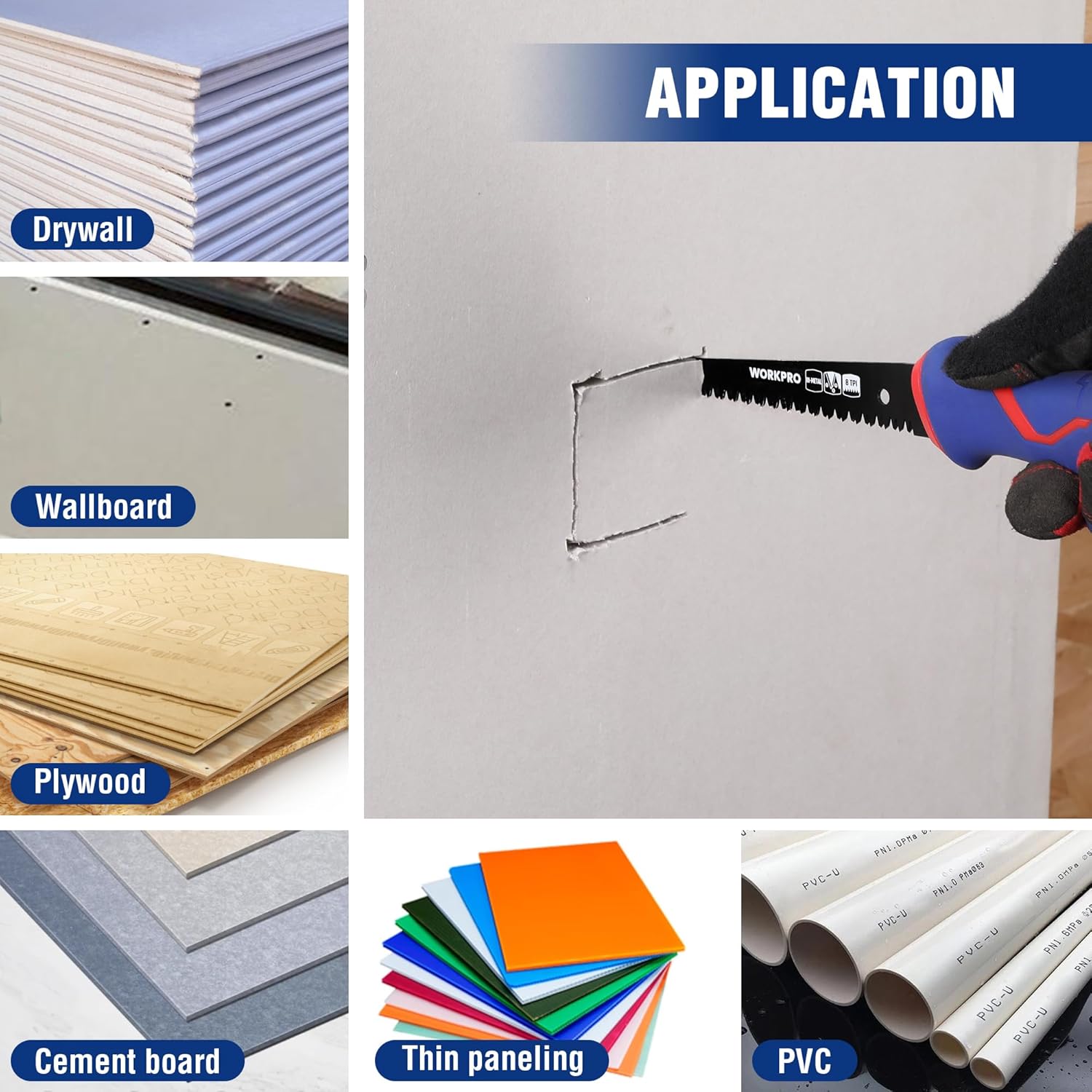 Orange-handled drywall saw with black serrated blade cutting drywall