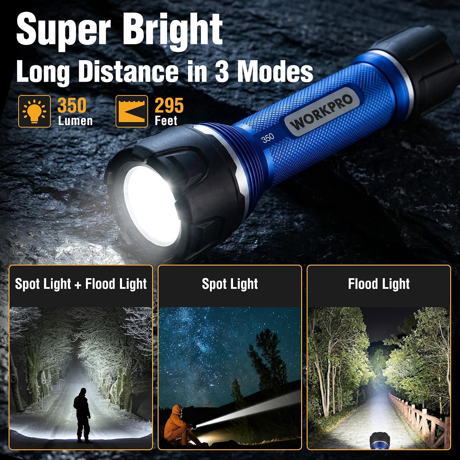 WORKPRO rechargeable LED flashlight, blue aluminum body with black head, bright beam