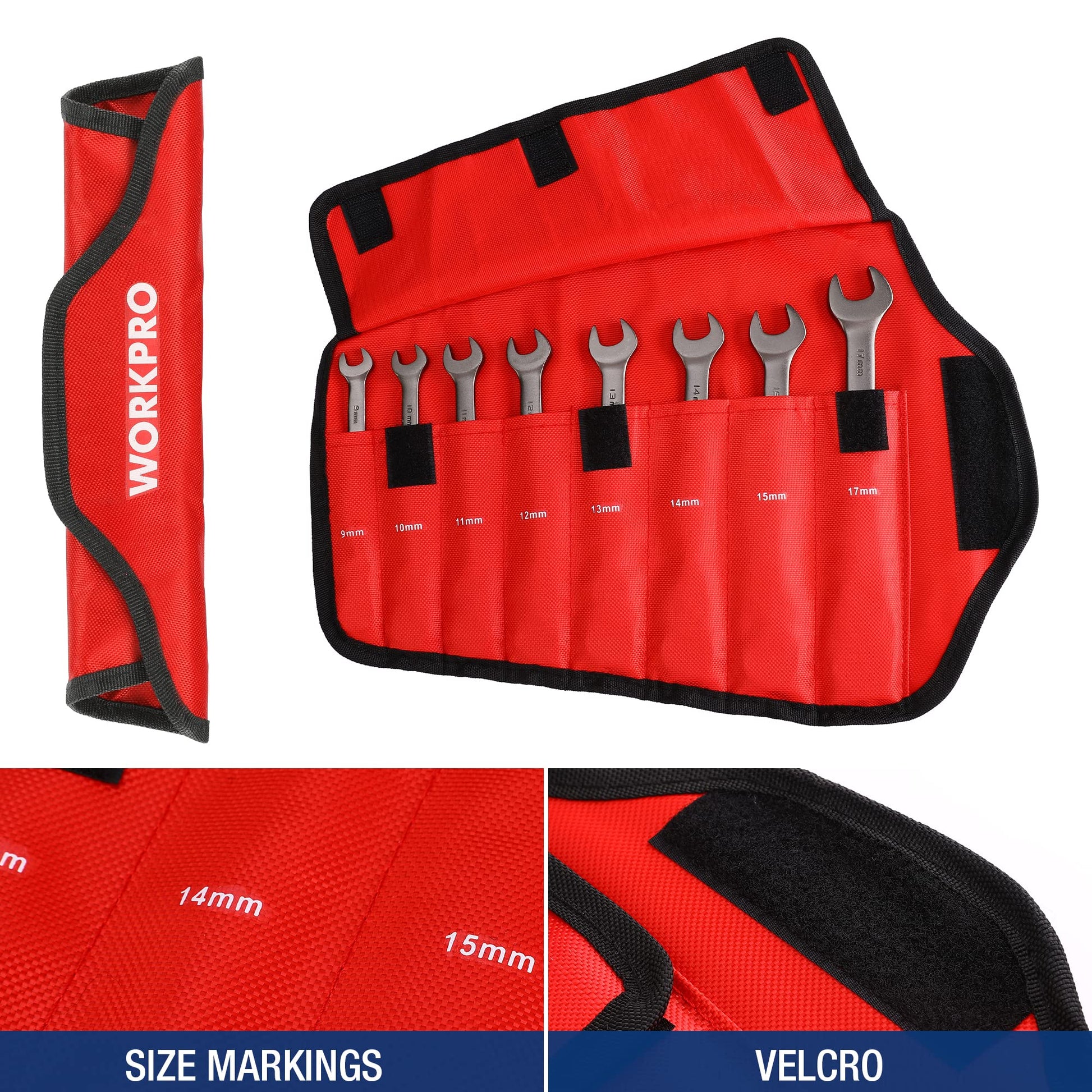 Red WORKPRO wrench roll bag with black Velcro straps and stitched pocket sections