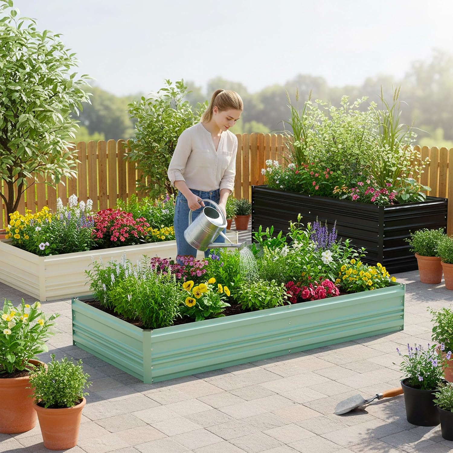 Green raised garden bed on patio filled with flowers and vegetables, watering can