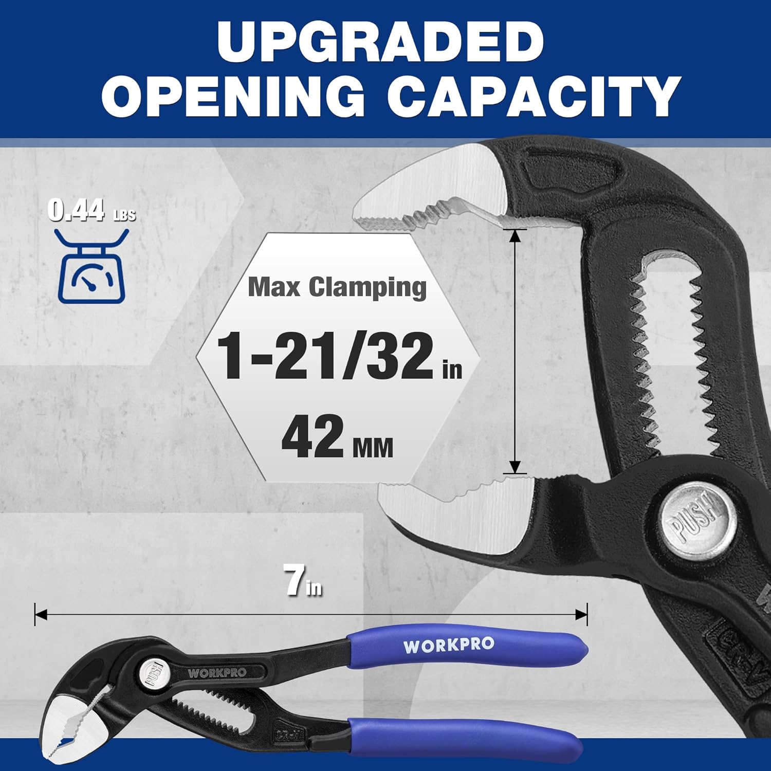 7-inch adjustable water pump pliers with V-jaws, black head and blue handles