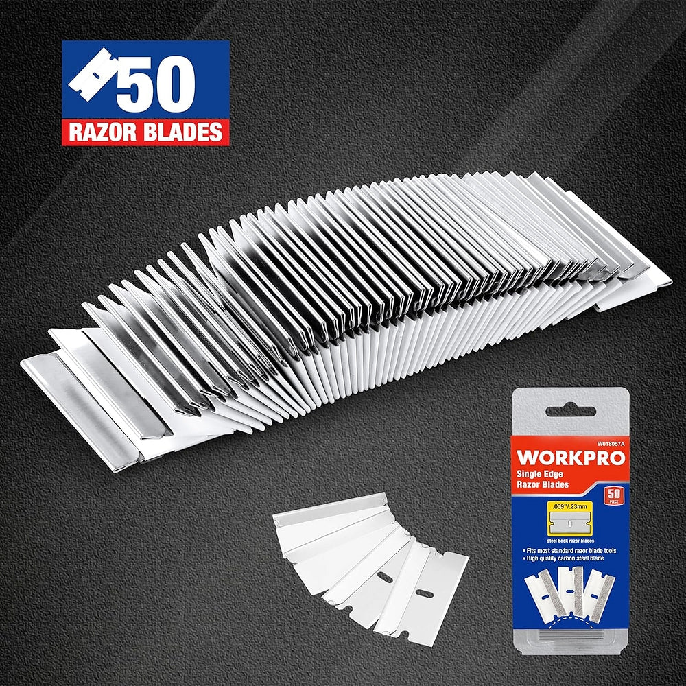 50-pack single-edge razor blades, loose blades and WORKPRO card package