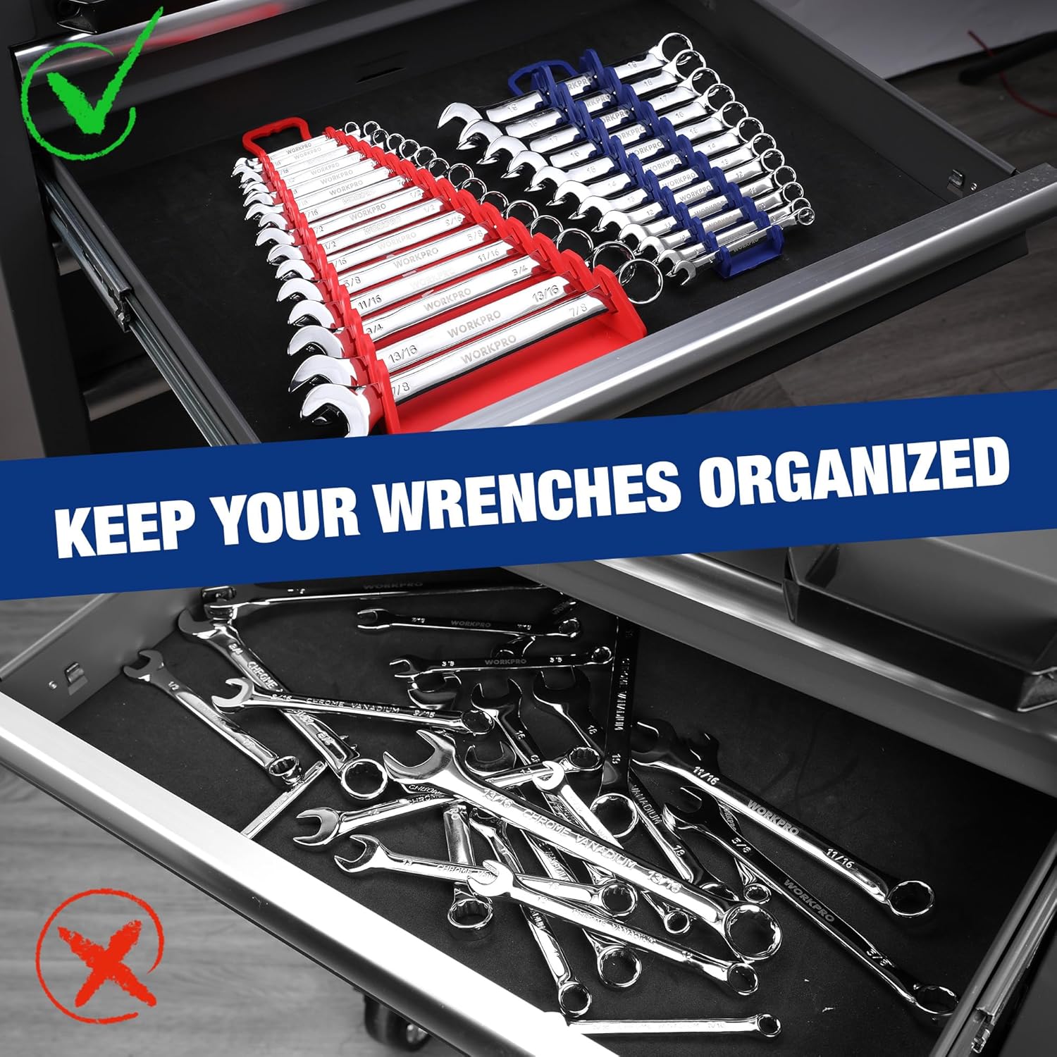 Magnetic wrench organizer set holding wrenches in a tool drawer, red and blue racks