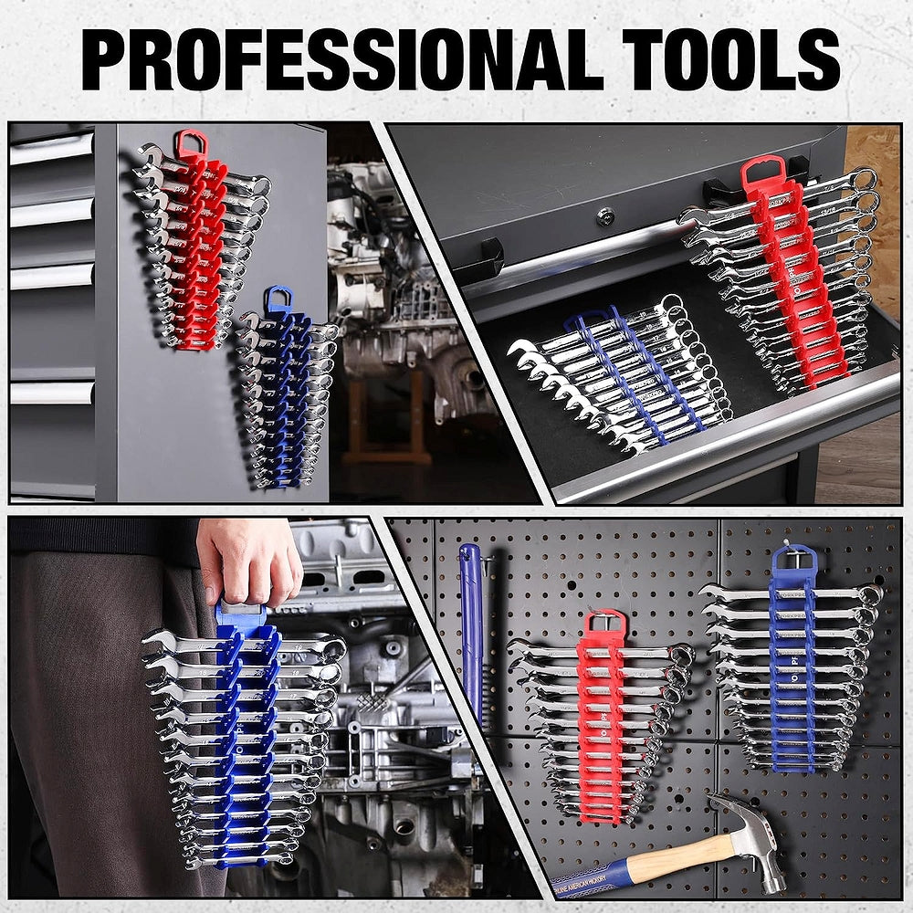 Magnetic wrench organizer racks holding wrenches in red and blue rows on a tool panel