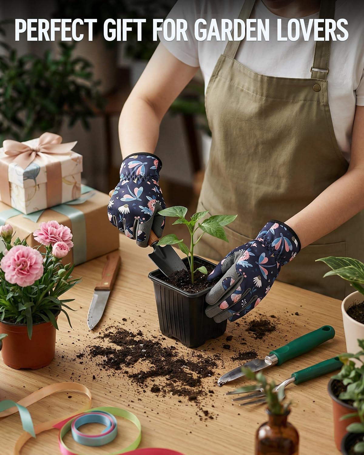 Floral garden gloves on hands while planting in soil, with tools nearby.